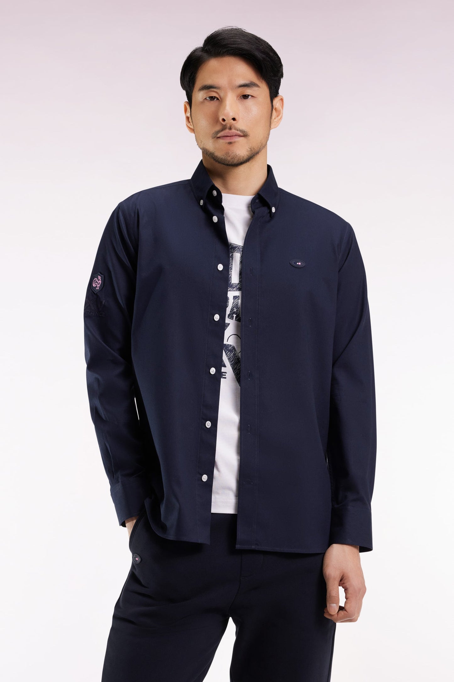 Chemise en coton marine broderie XV de France coupe droite