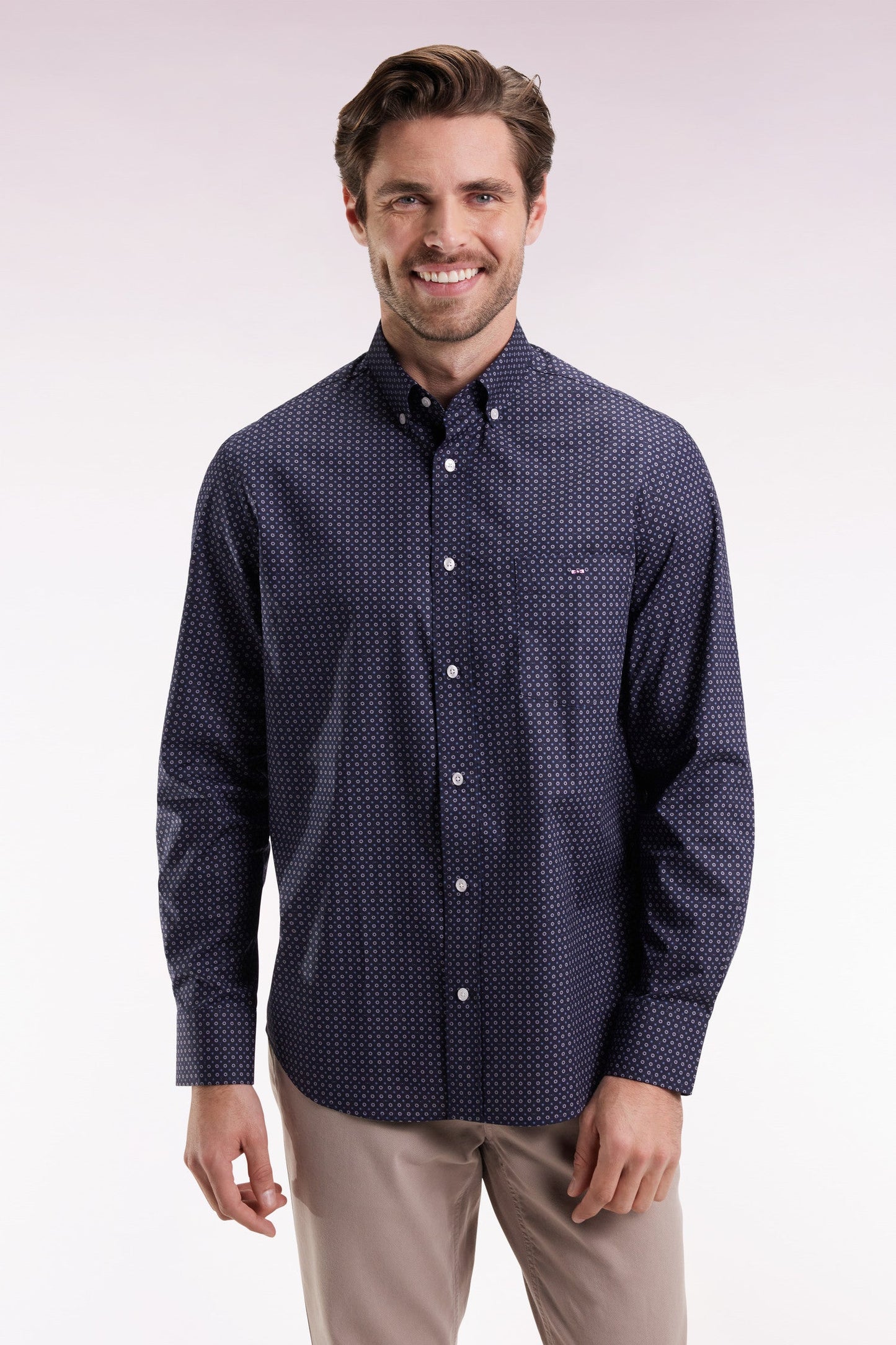 Chemise en coton à micro-motifs marine coupe droite