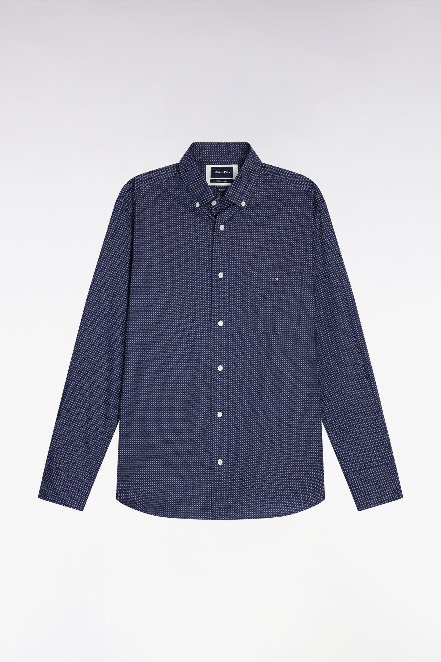 Chemise en coton Pima marine à micro-motifs nœud papillon coupe droite