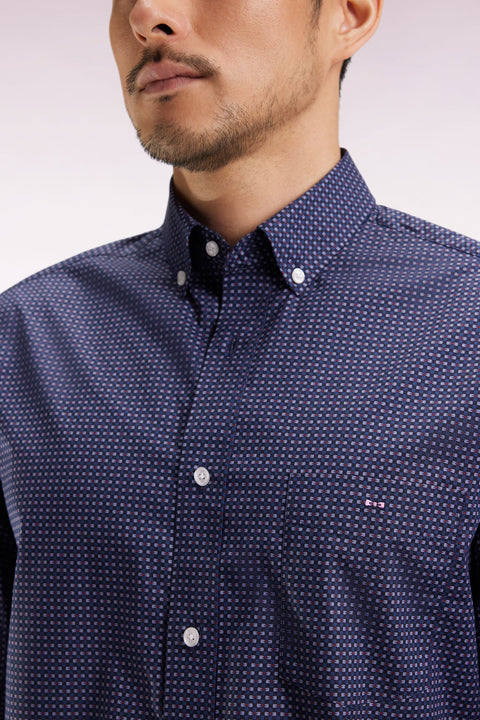 Chemise en coton Pima marine à micro-motifs nœud papillon coupe droite - Image 3