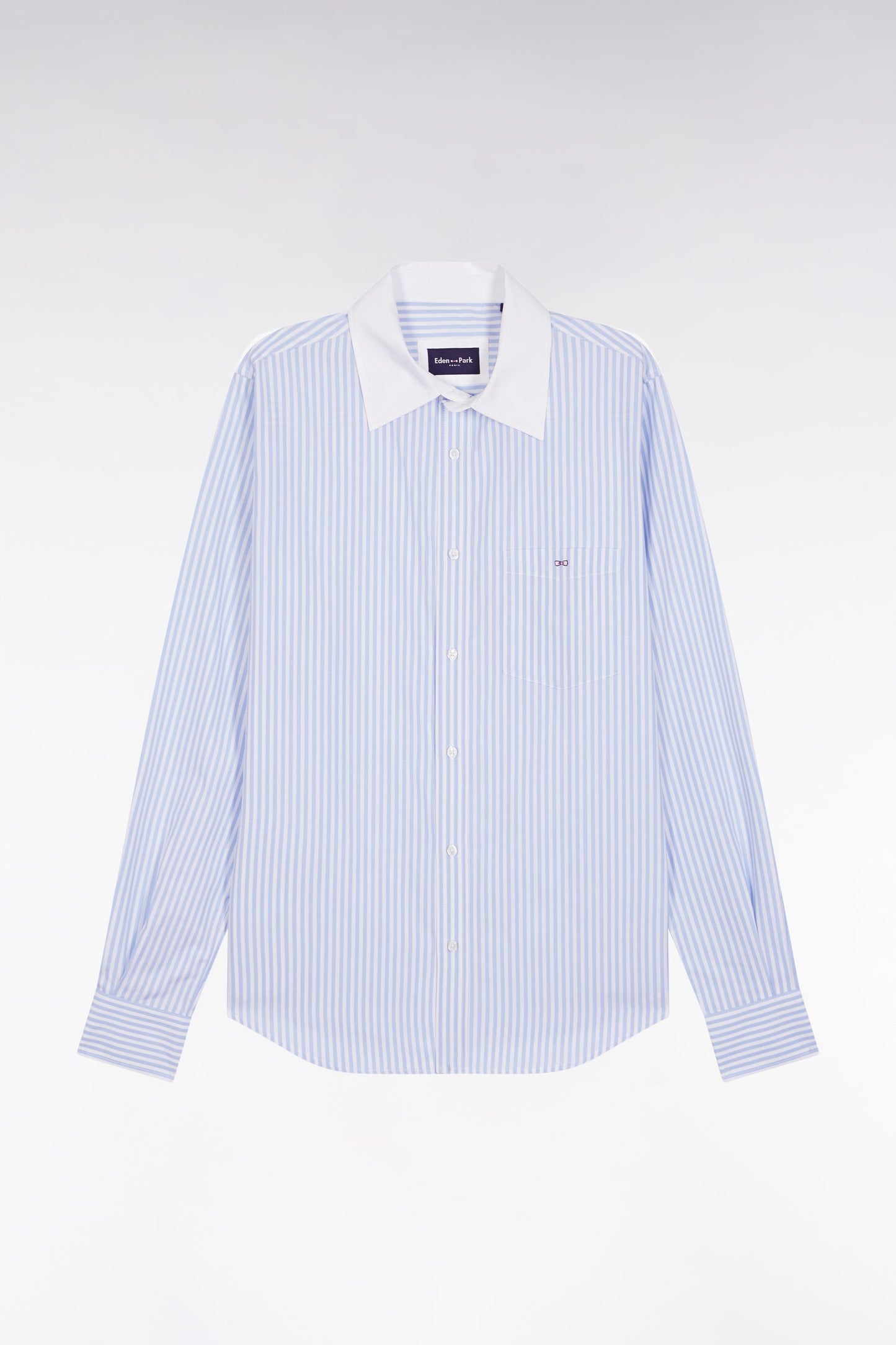 Chemise en popeline de coton rayée ciel et blanche coupe slim