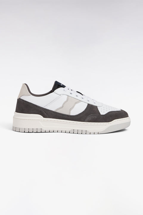 Sneakers bimatières en cuir lisse blanc et cuir suédé marron - Image 1