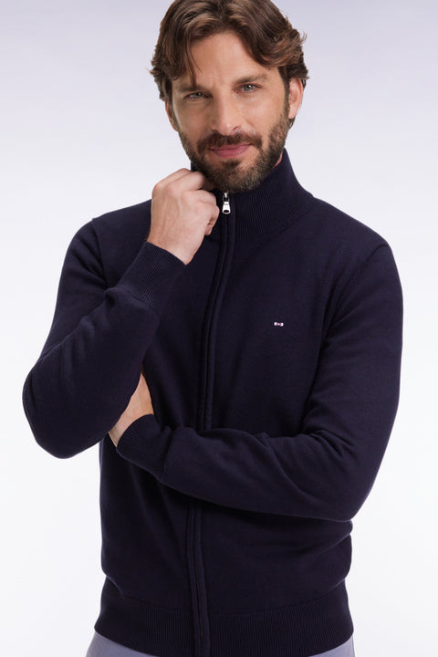 Cardigan zippé en laine et coton marine coupe droite - Image 3
