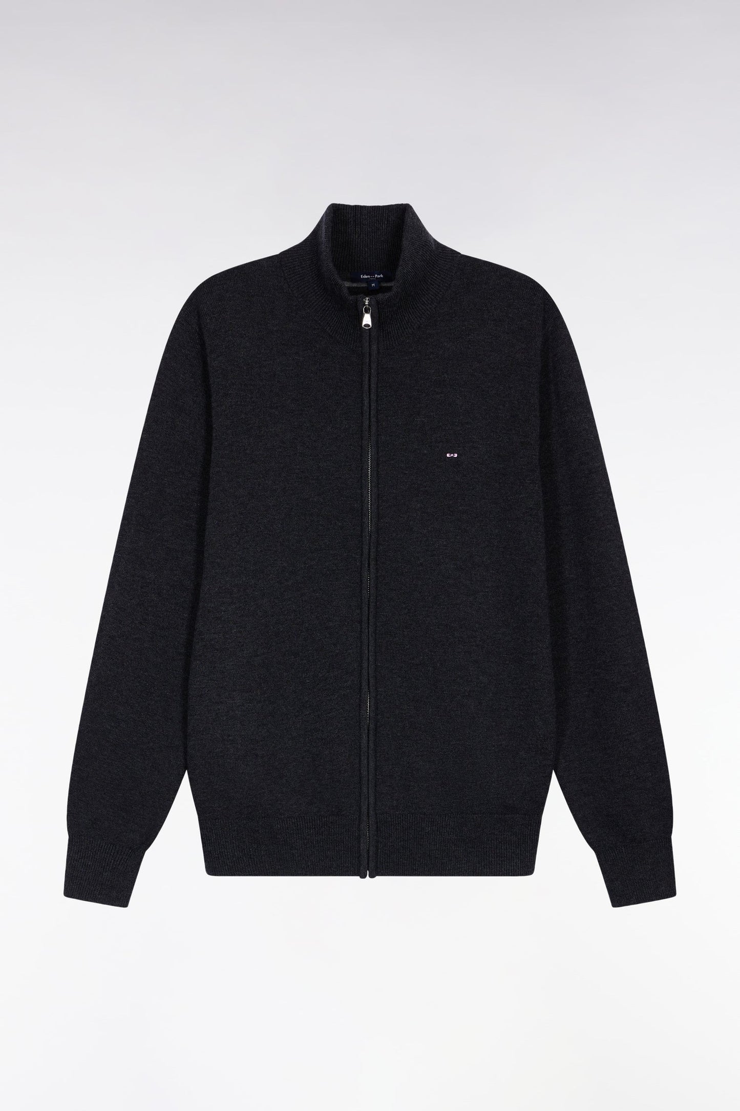 Cardigan zippé en laine et coton gris foncé coupe droite
