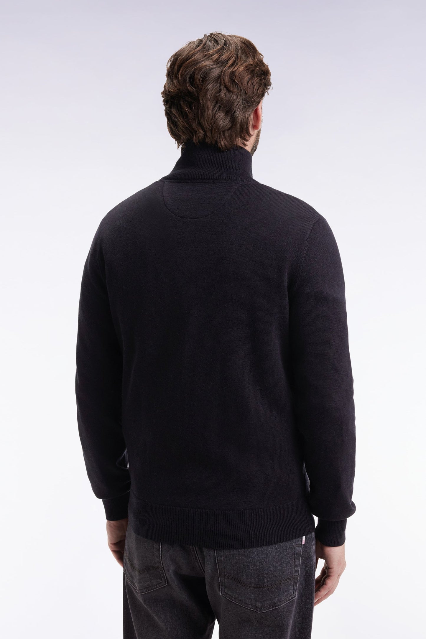 Cardigan zippé en laine et coton noir coupe droite
