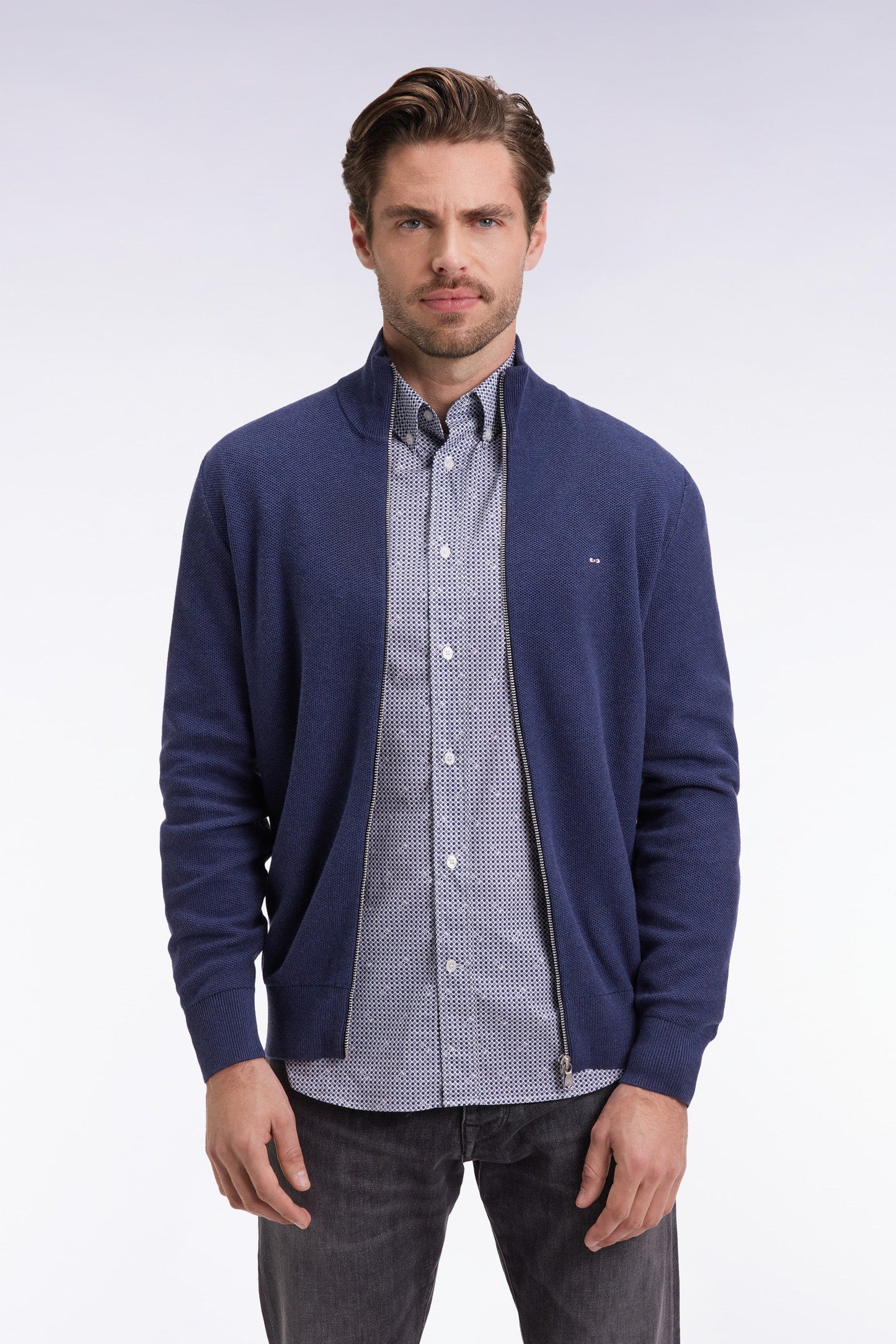 Cardigan en coton nid d'abeille marine coupe droite