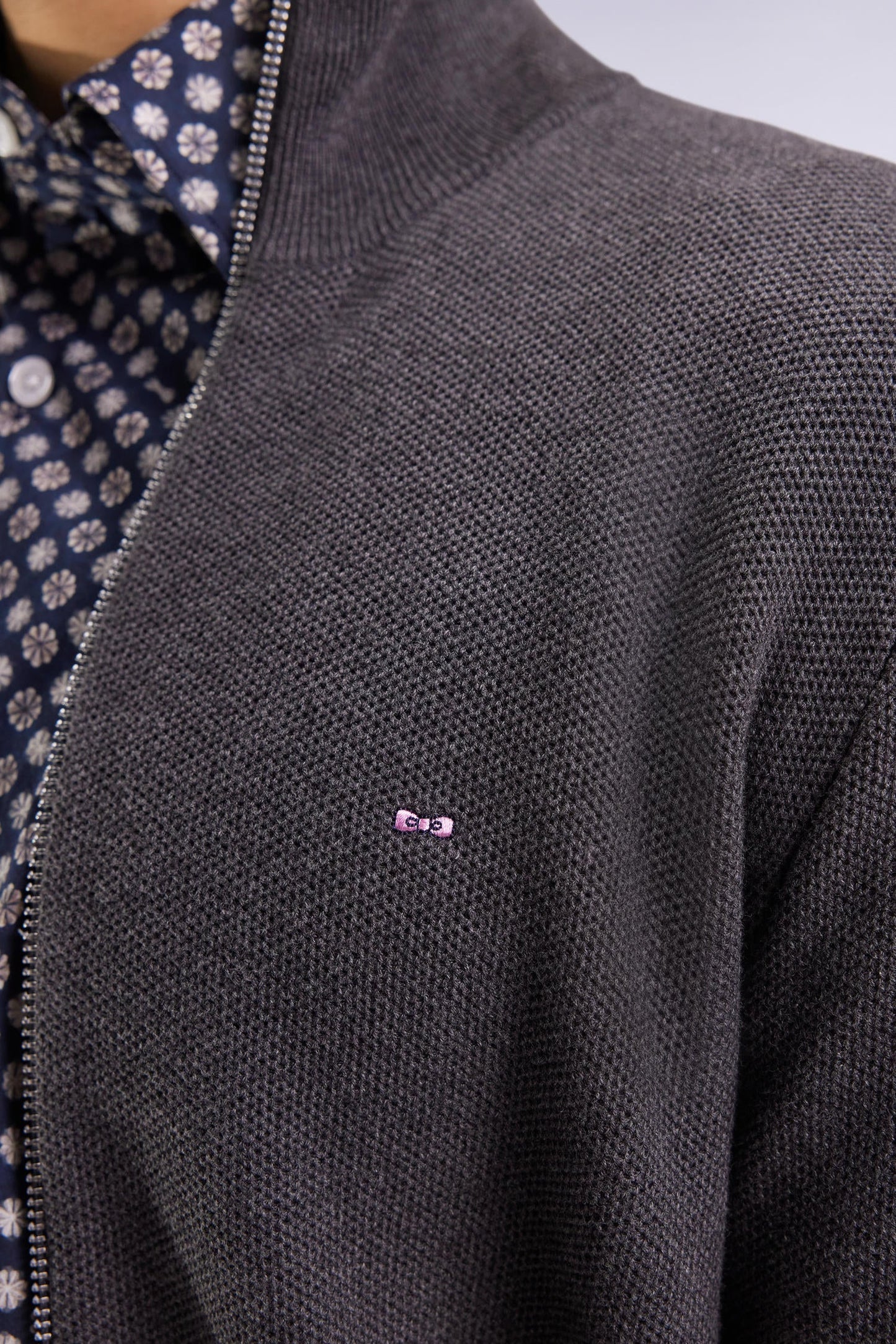 Cardigan en coton nid d'abeille gris coupe droite