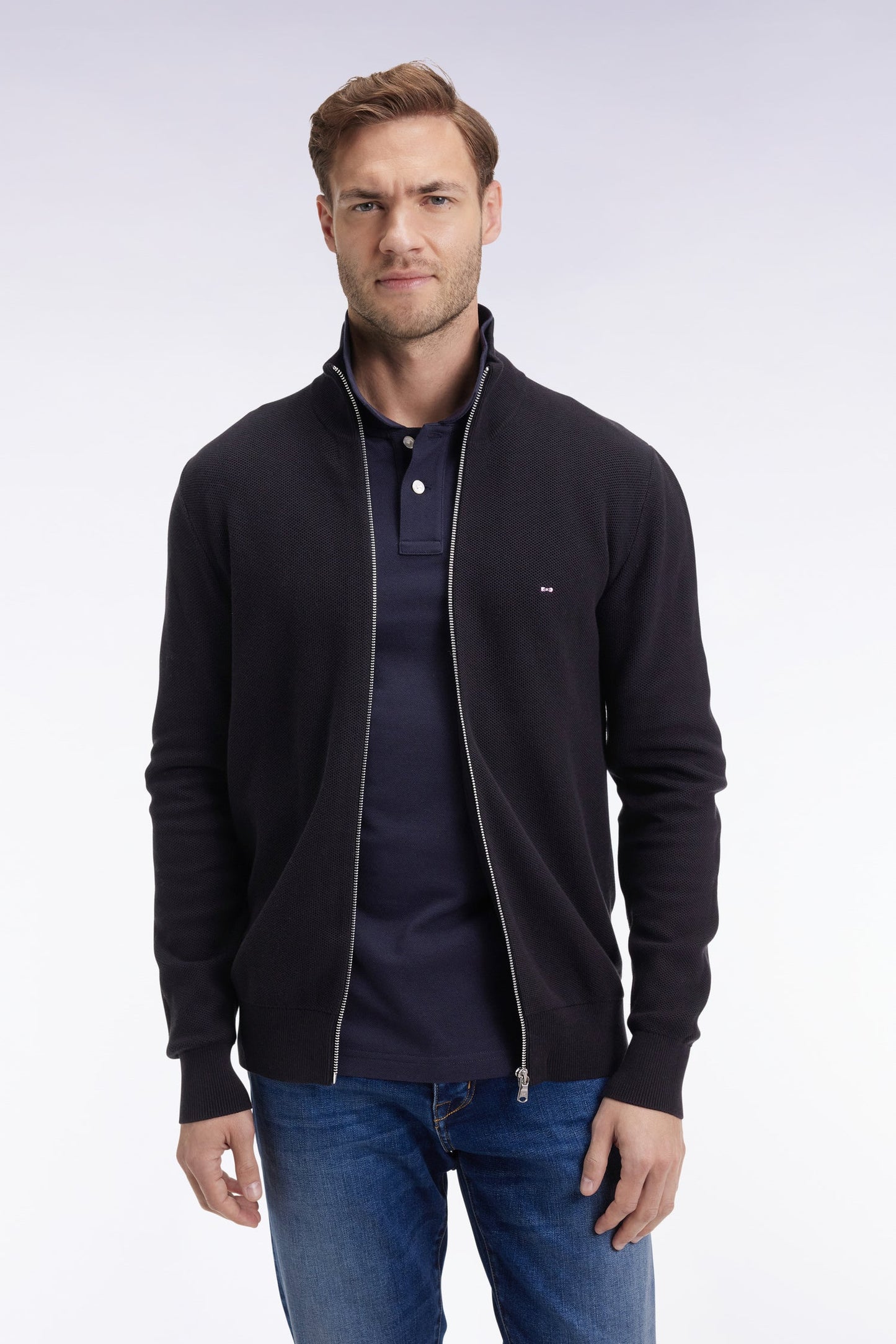 Cardigan en coton nid d'abeille noir coupe droite