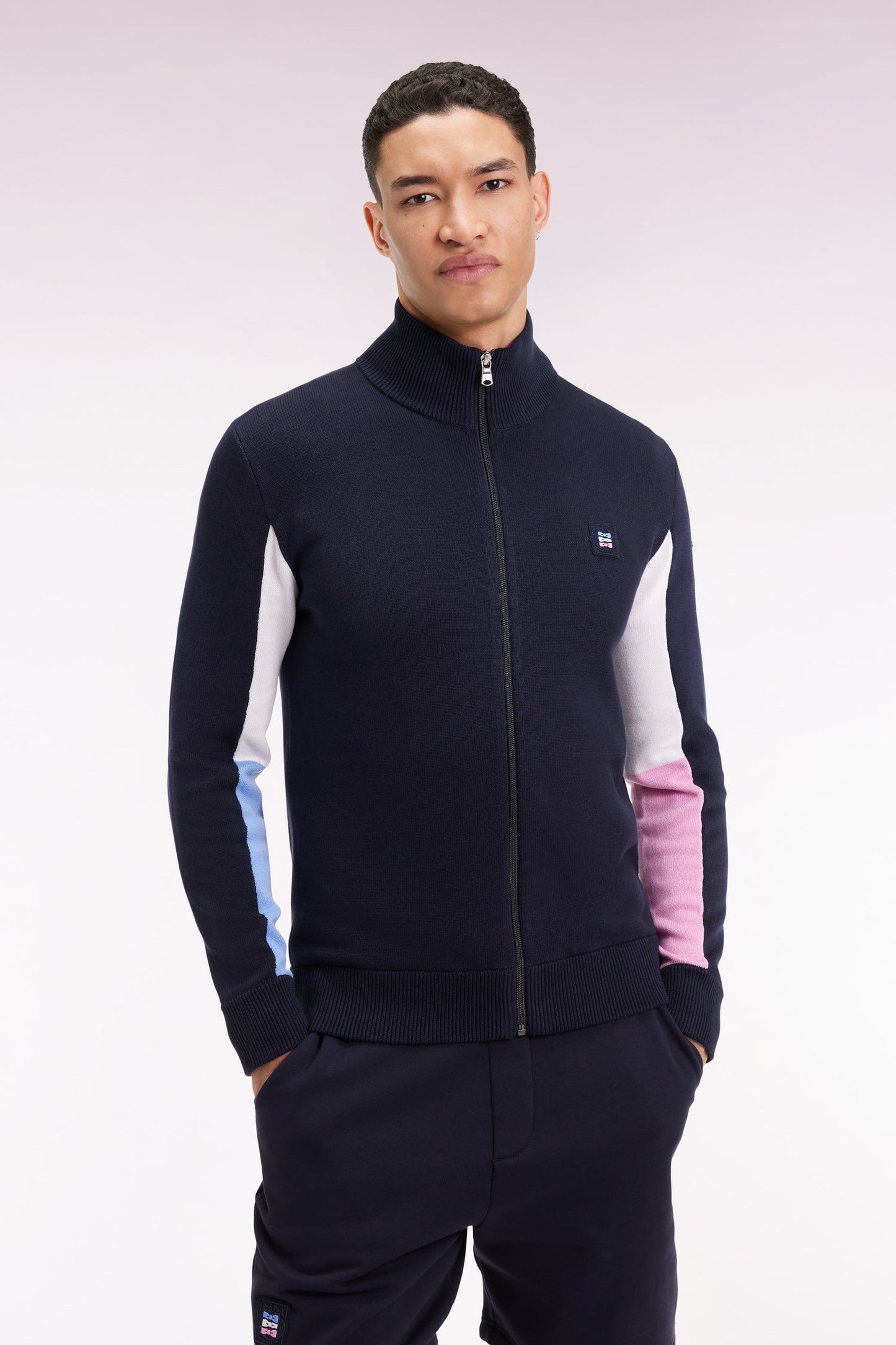 Cardigan en coton marine à intérieur de manches contrasté