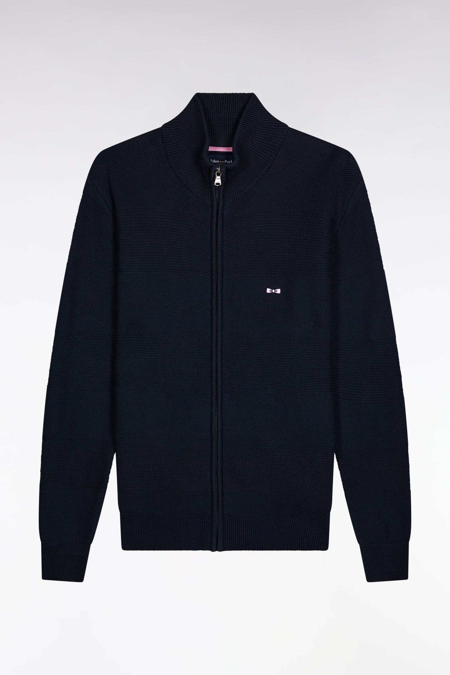 Cardigan zippé en coton nid d'abeille marine coupe droite