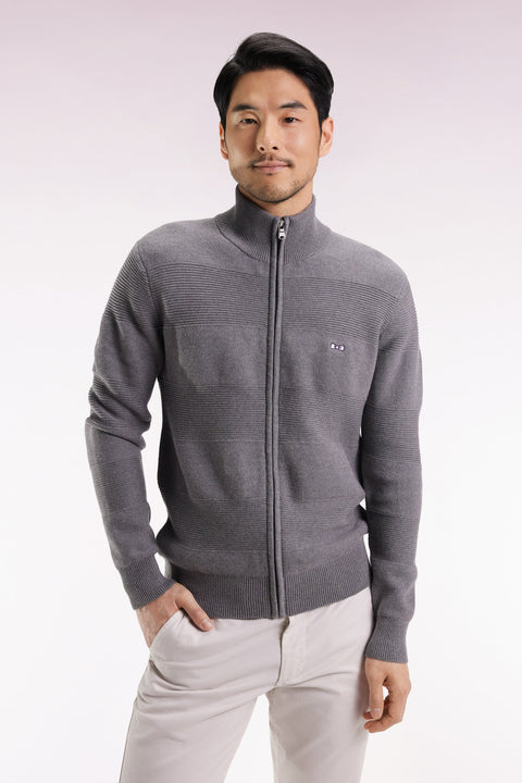 Cardigan zippé en coton nid d'abeille gris coupe droite - Image 1