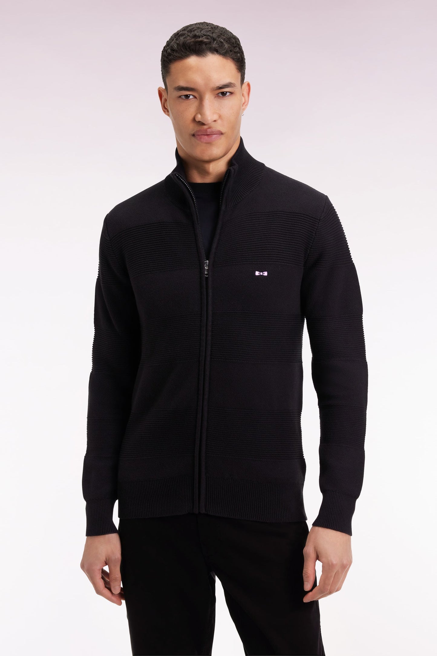 Cardigan zippé en coton nid d'abeille noir coupe droite