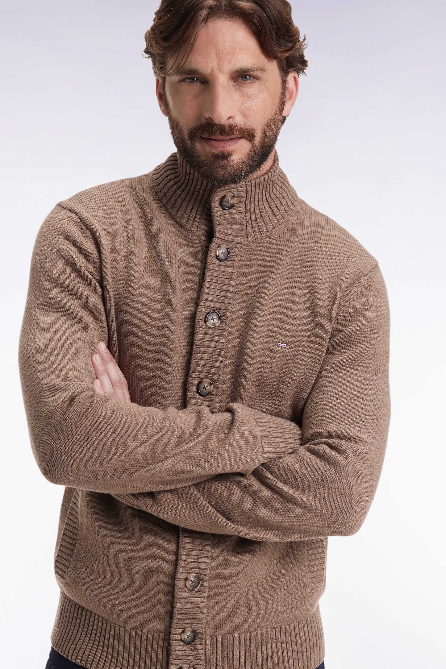 Cardigan à col montant en laine et coton camel