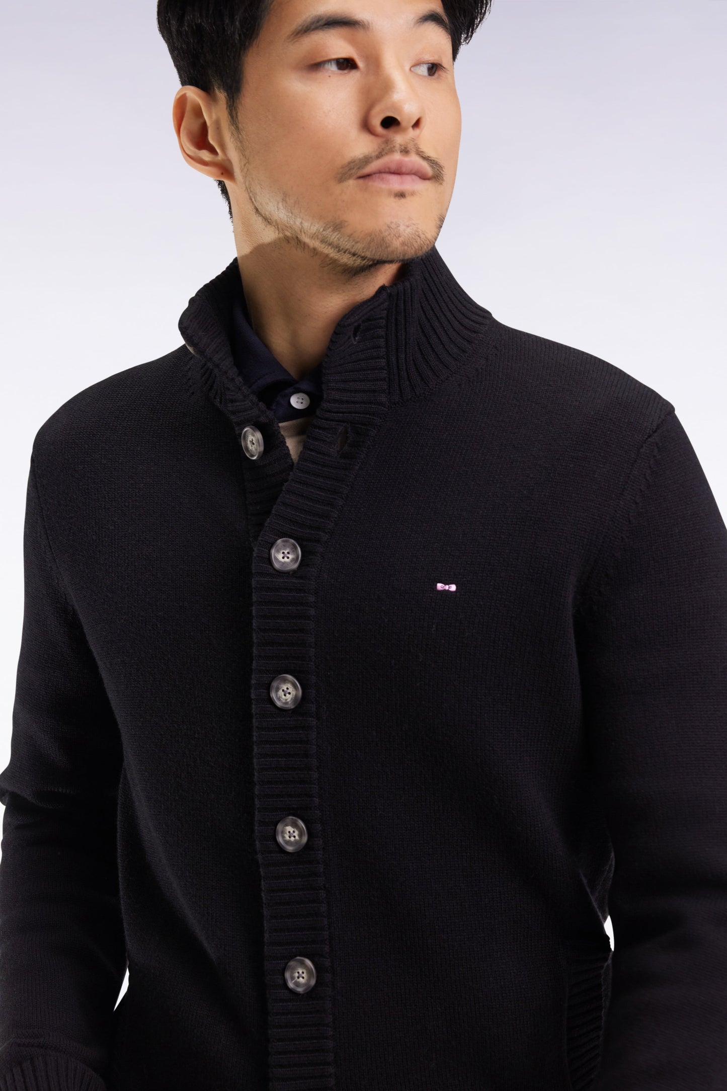 Cardigan à col montant en laine et coton noir