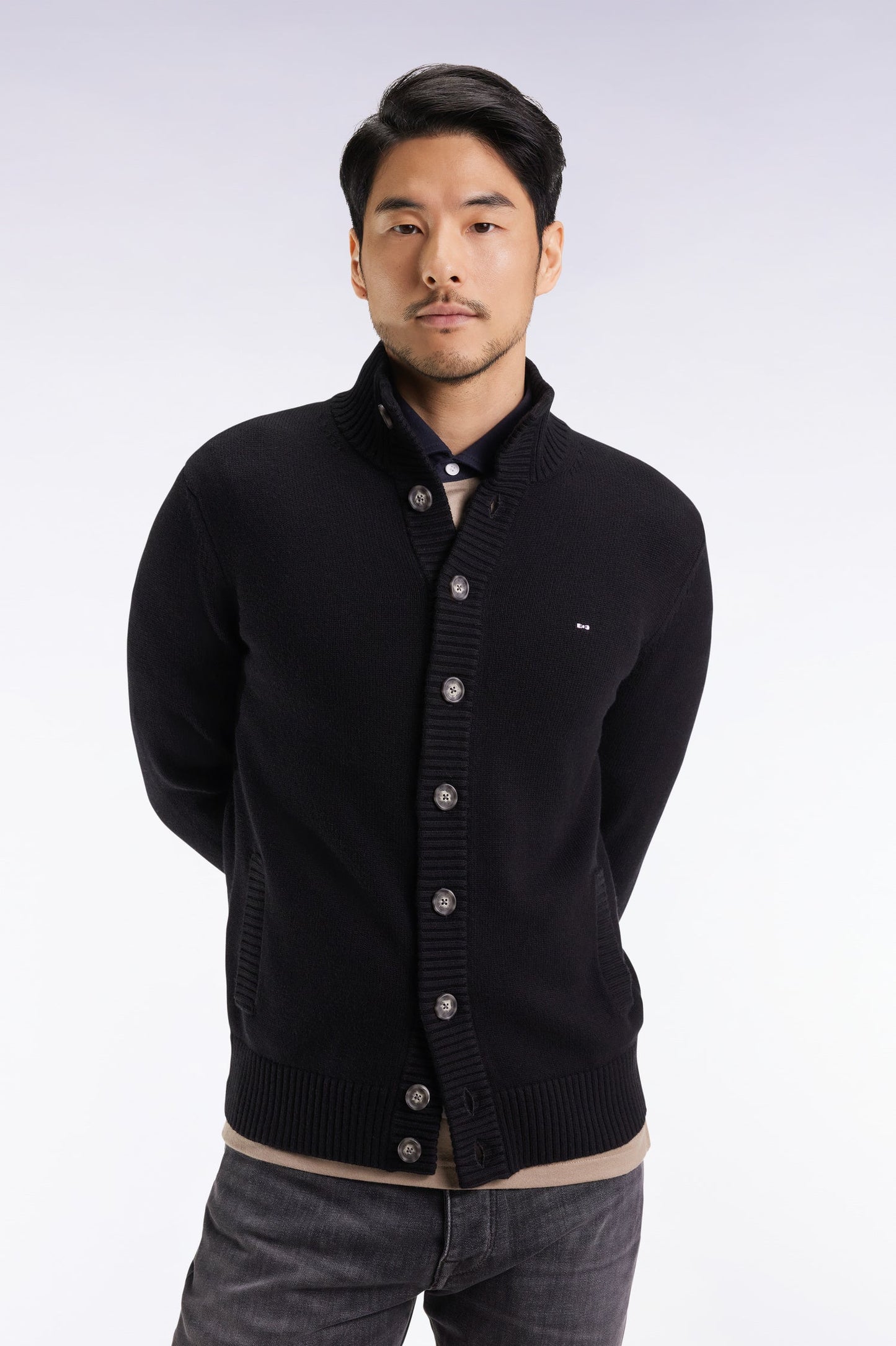 Cardigan à col montant en laine et coton noir
