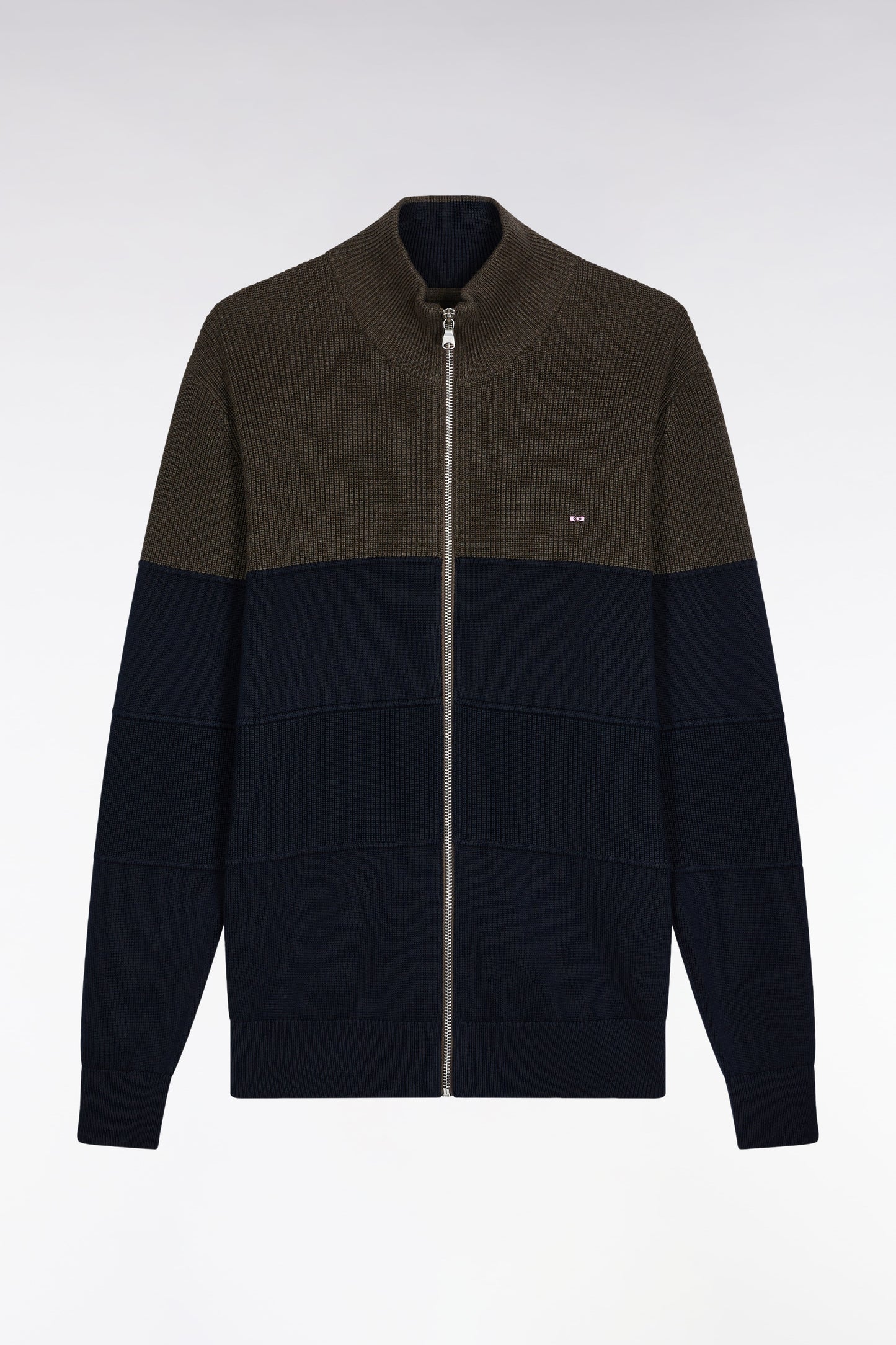 Cardigan zippé en coton bicolore marine et marron coupe droite