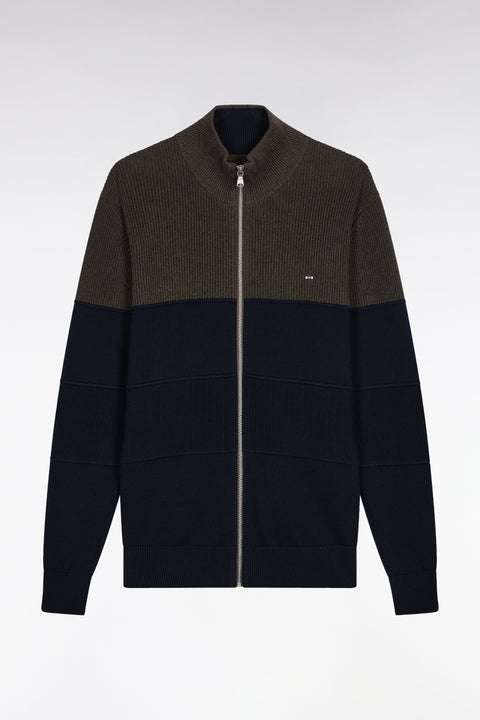 Cardigan zippé en coton bicolore marine et marron coupe droite - Image 2