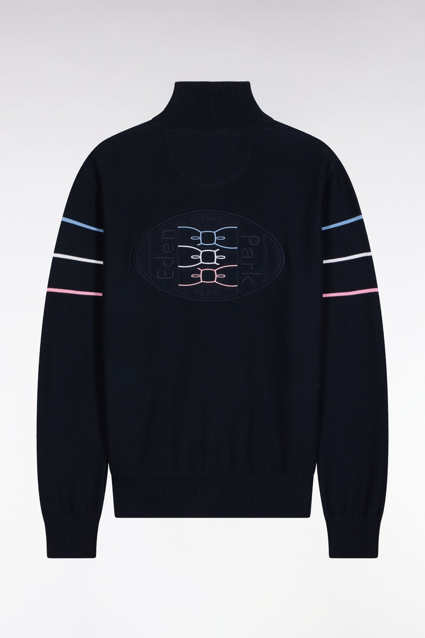 Cardigan zippé en coton marine à liserés colorés coupe droite