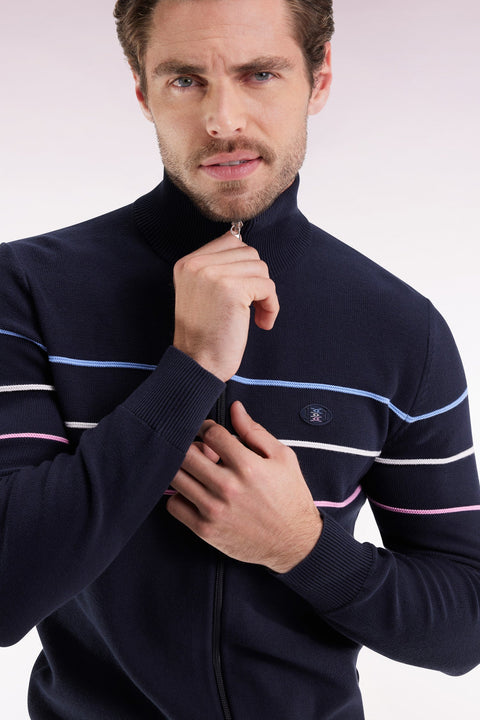 Cardigan zippé en coton marine à liserés colorés coupe droite - Image 3