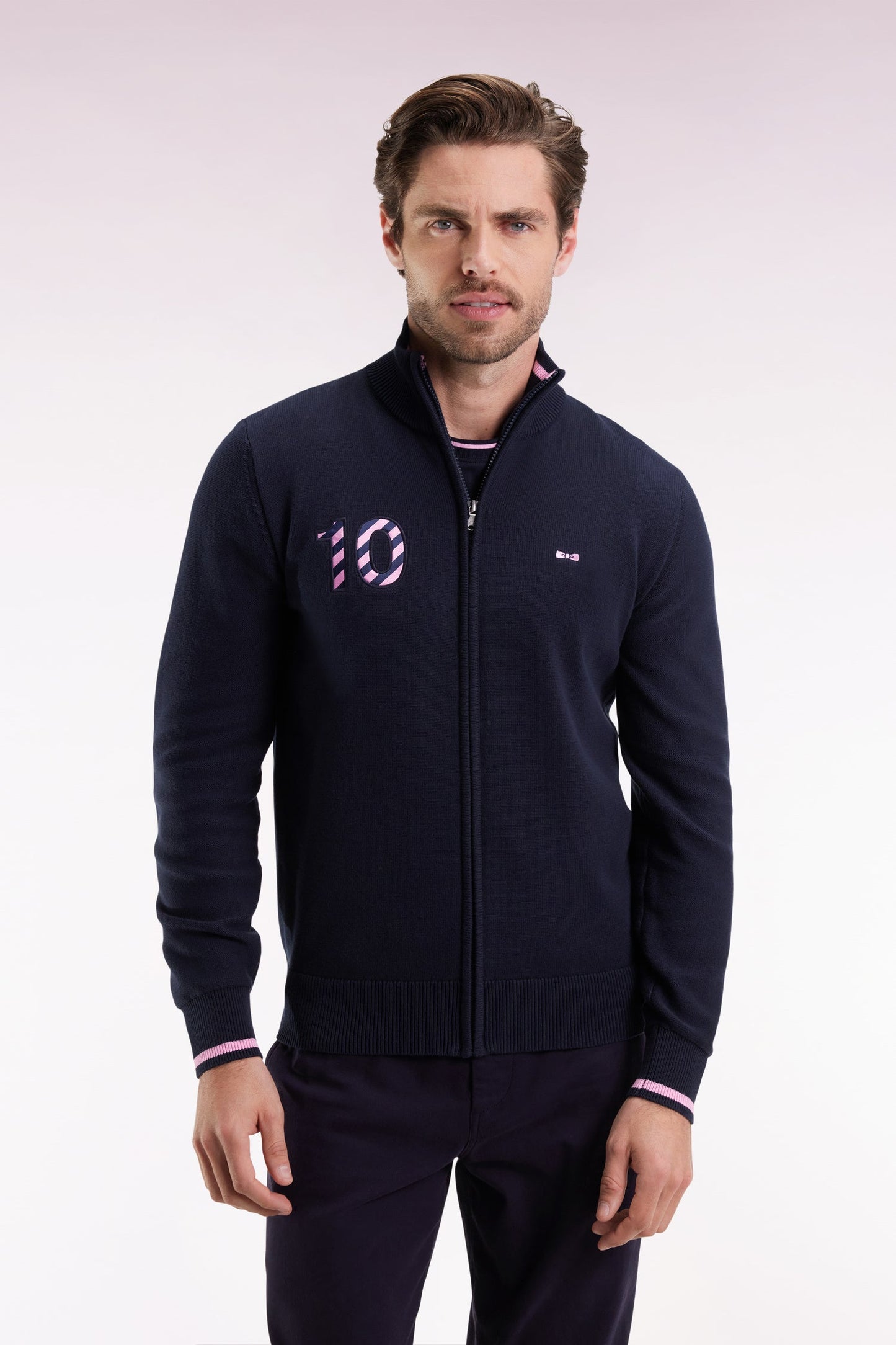 Cardigan zippé en coton marine broderie 10 marine coupe droite