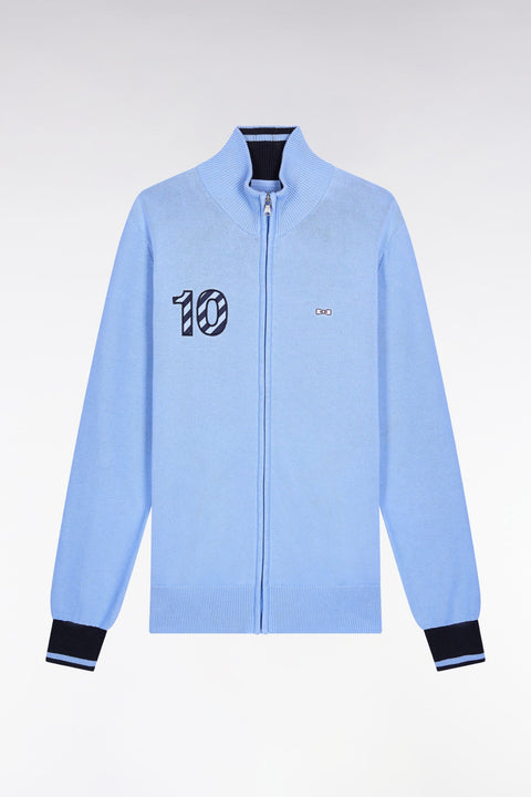 Cardigan zippé en coton marine broderie 10 ciel coupe droite - Image 2