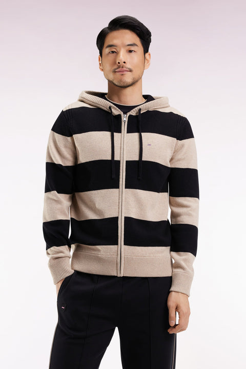 Pull à capuche zippé en laine et coton rayé marine et beige coupe droite - Image 1