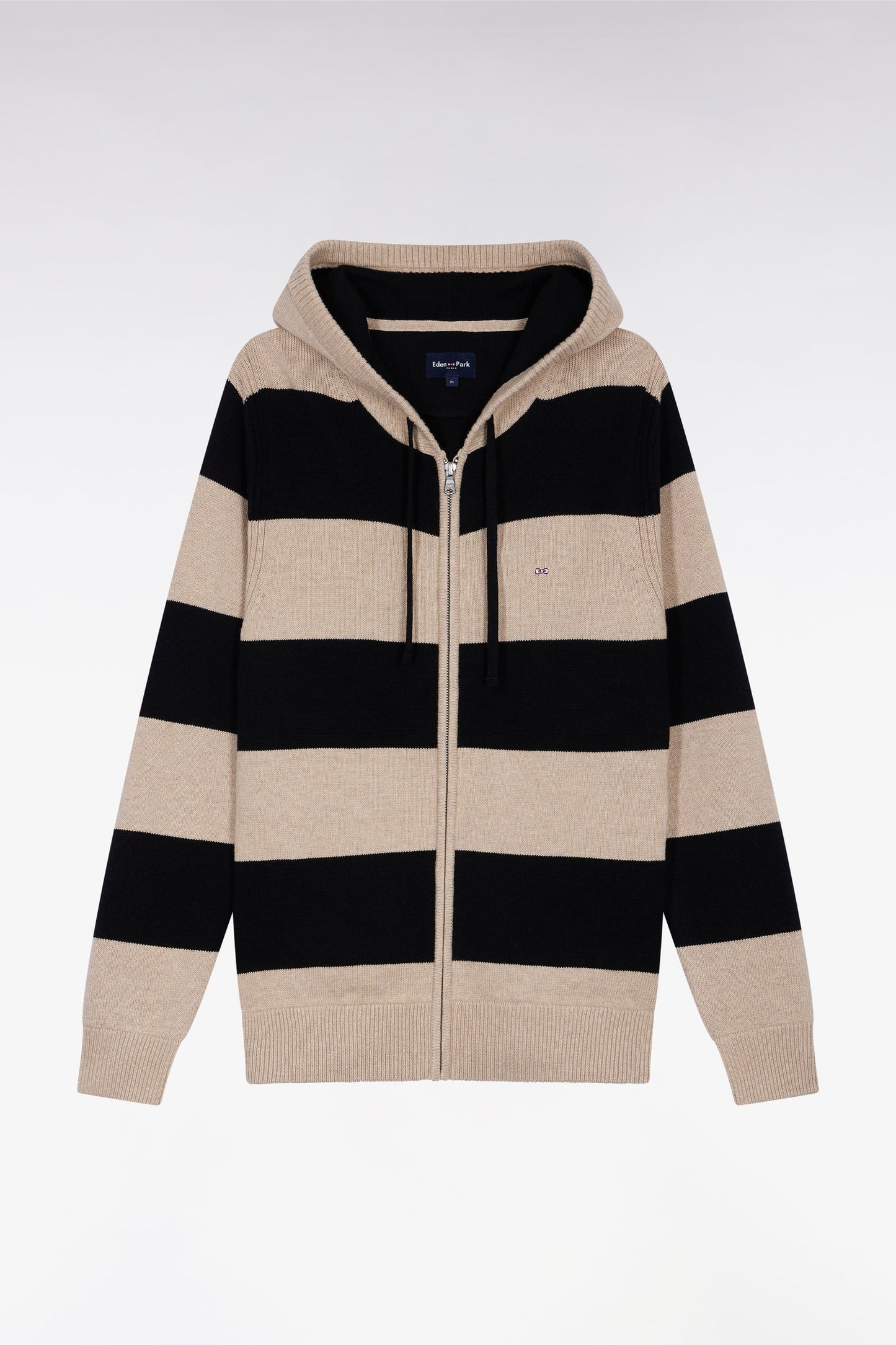 Pull à capuche zippé en laine et coton rayé marine et beige coupe droite