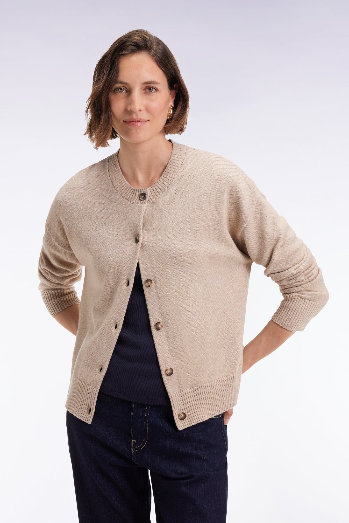 Cardigan en laine et coton beige coupe Relaxed