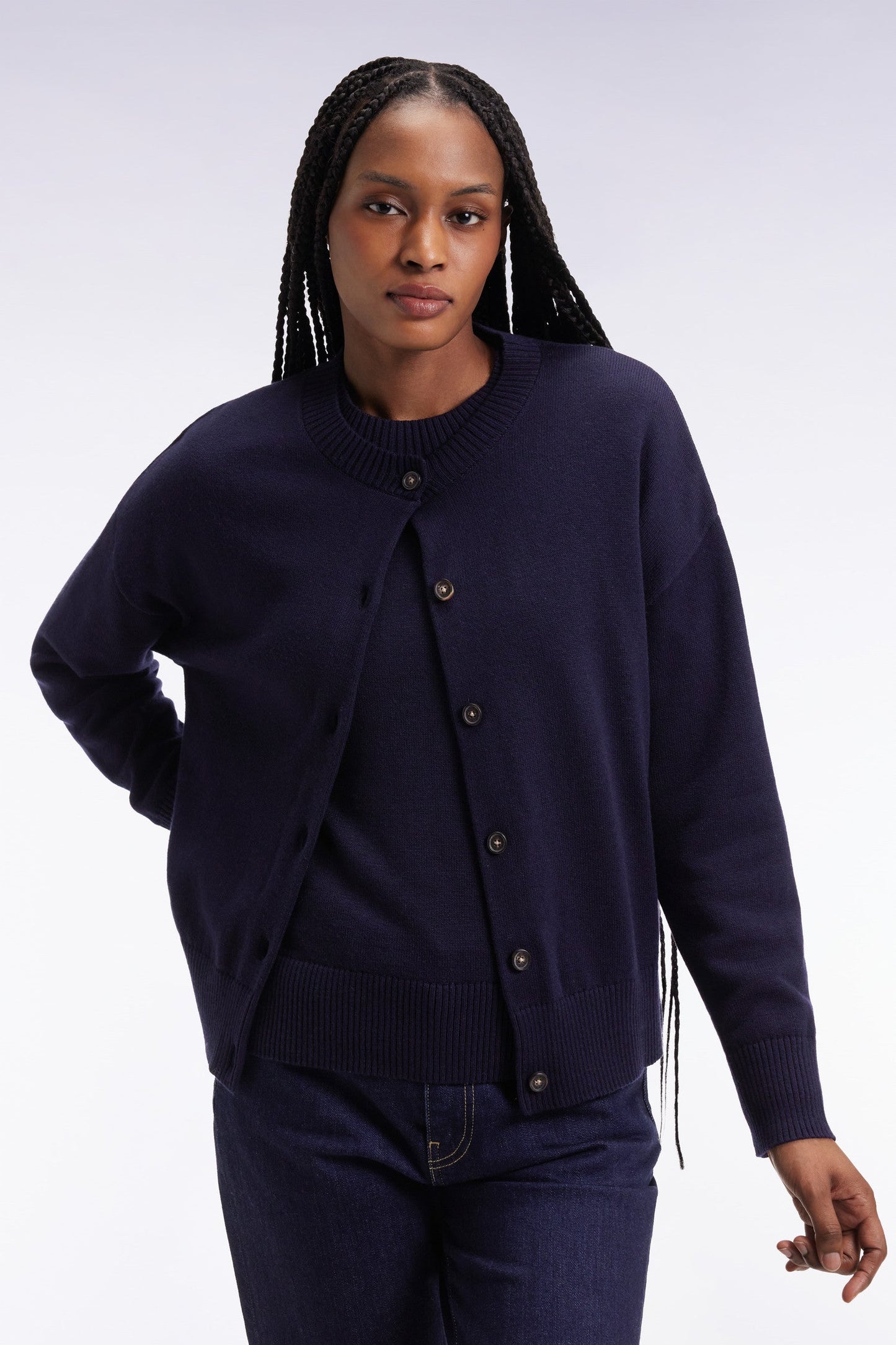 Cardigan en laine et coton marine coupe Relaxed