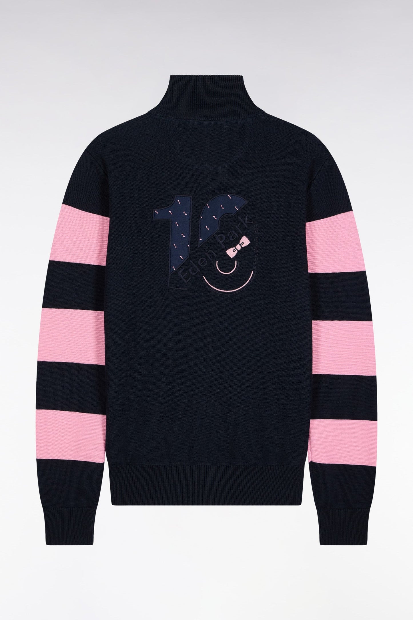 Cardigan zippé en coton marine à rayures de manches roses coupe droite