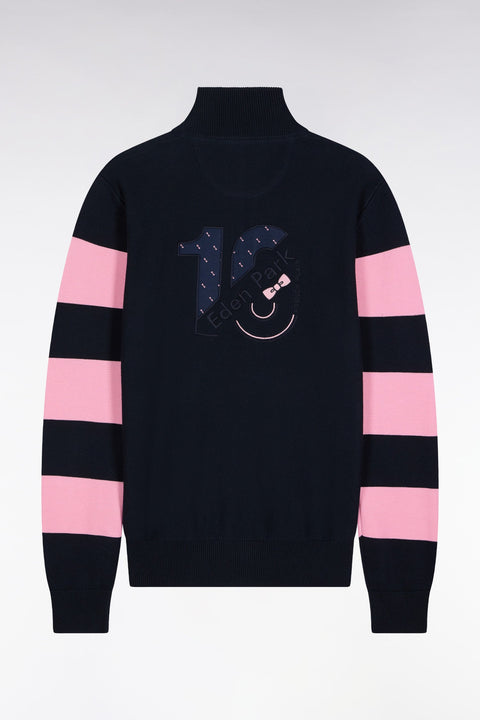 Cardigan zippé en coton marine à rayures de manches roses coupe droite - Image 2