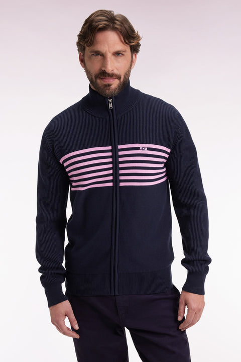 Cardigan zippé en coton marine à rayures roses coupe droite - Image 1