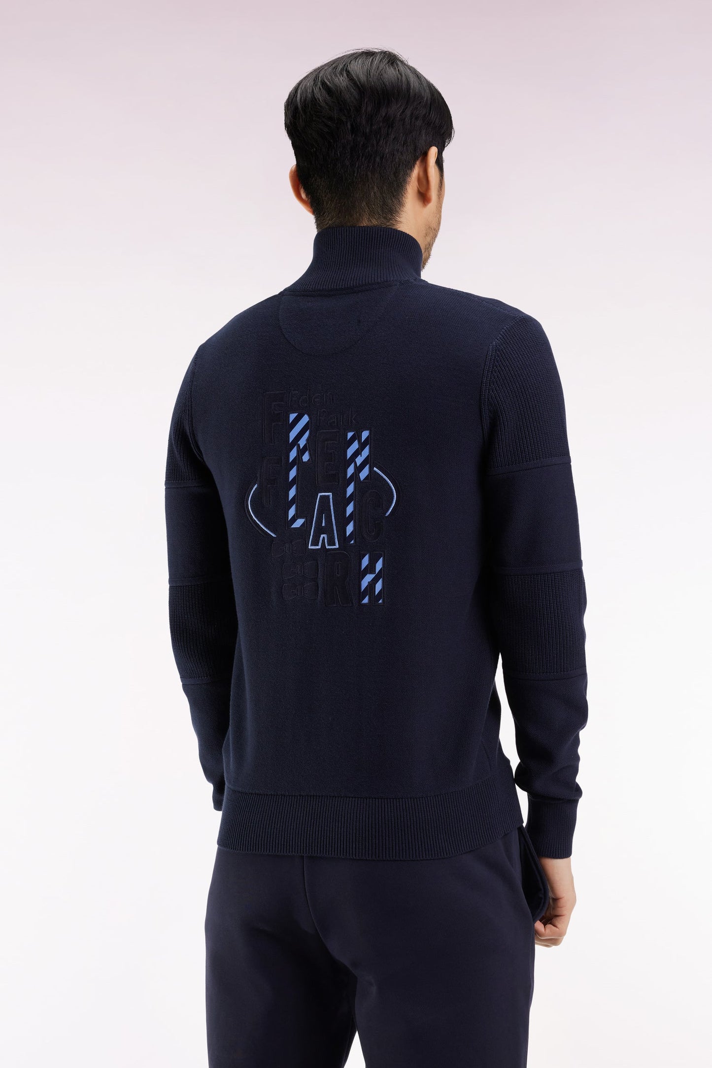 Cardigan zippé en coton marine broderie dos ciel
