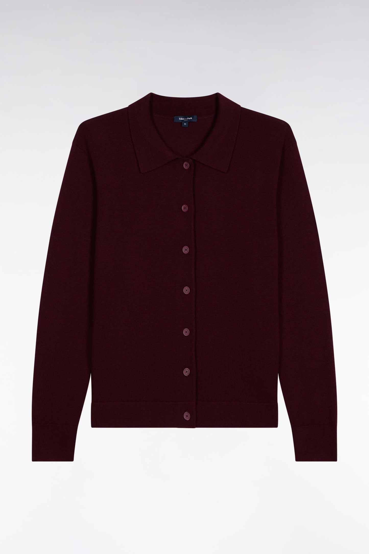 Cardigan à col classique en laine mérinos bordeaux coupe droite