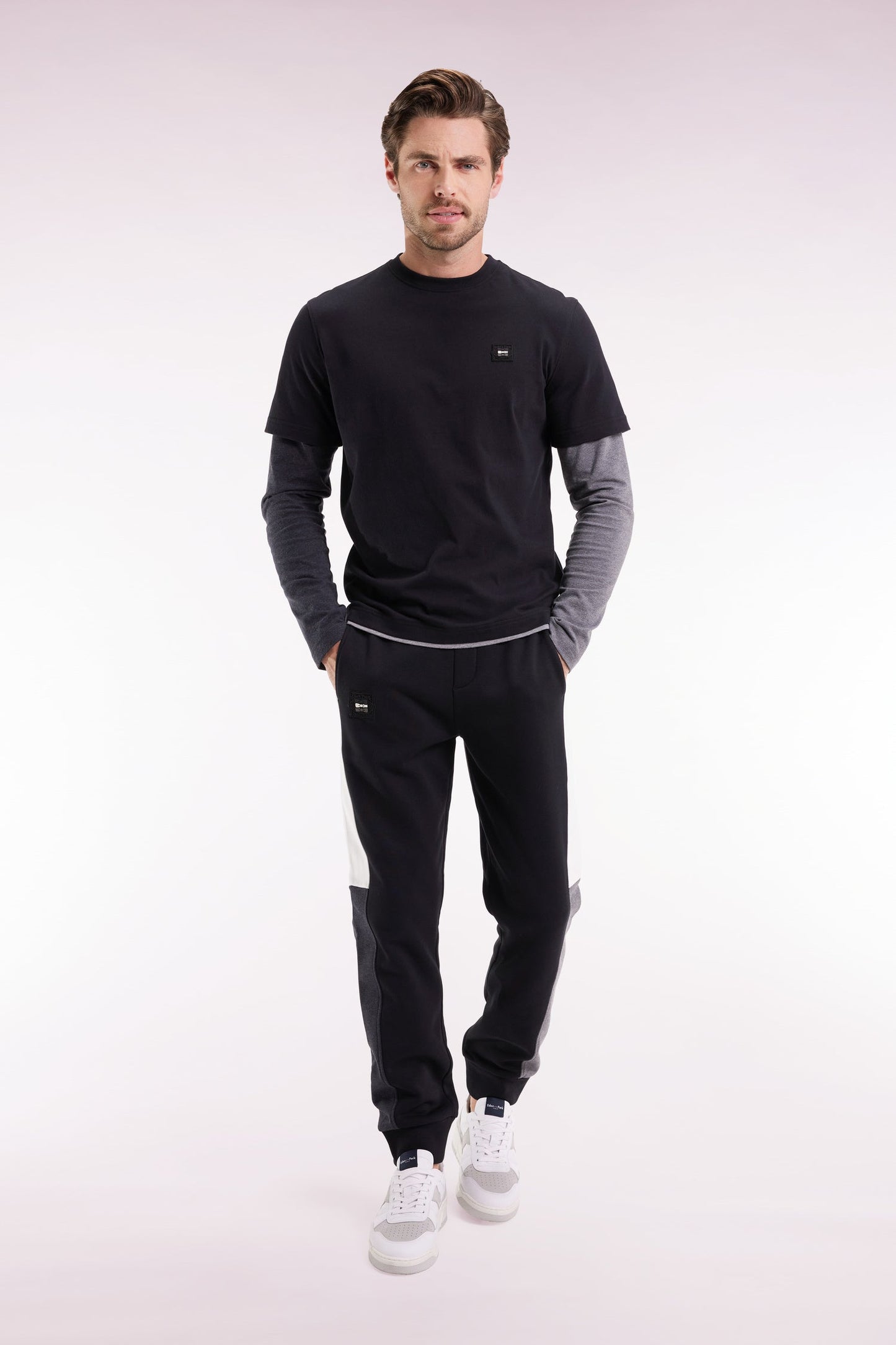 Jogging en molleton gratté noir colorblock coupe droite
