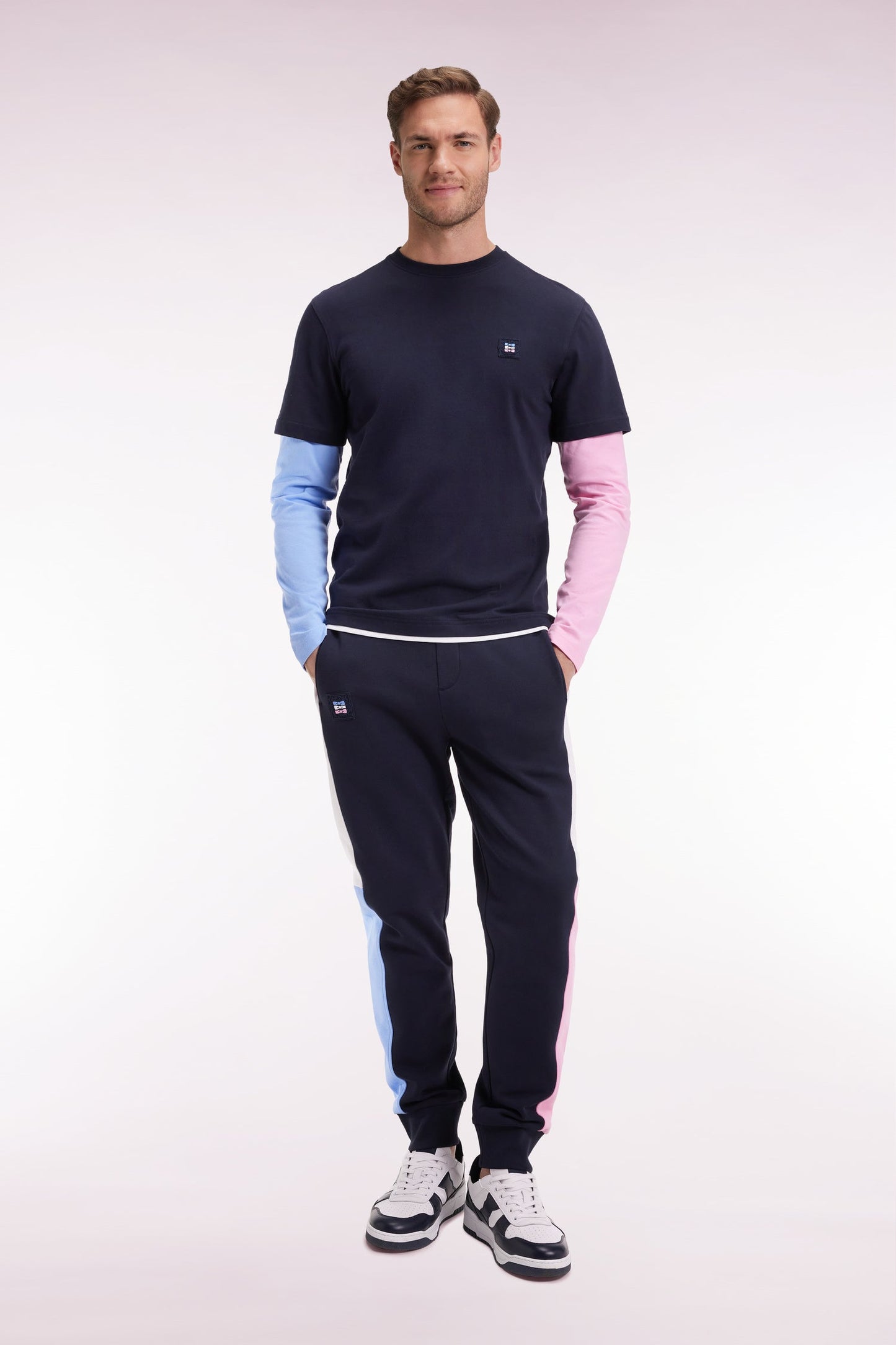 Jogging en molleton gratté marine colorblock coupe droite