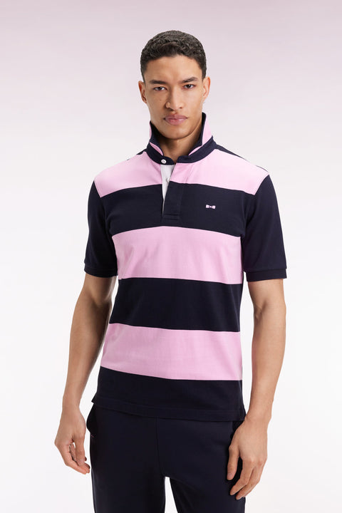 Maillot à manches courtes en coton rayé rose et marine - Image 1