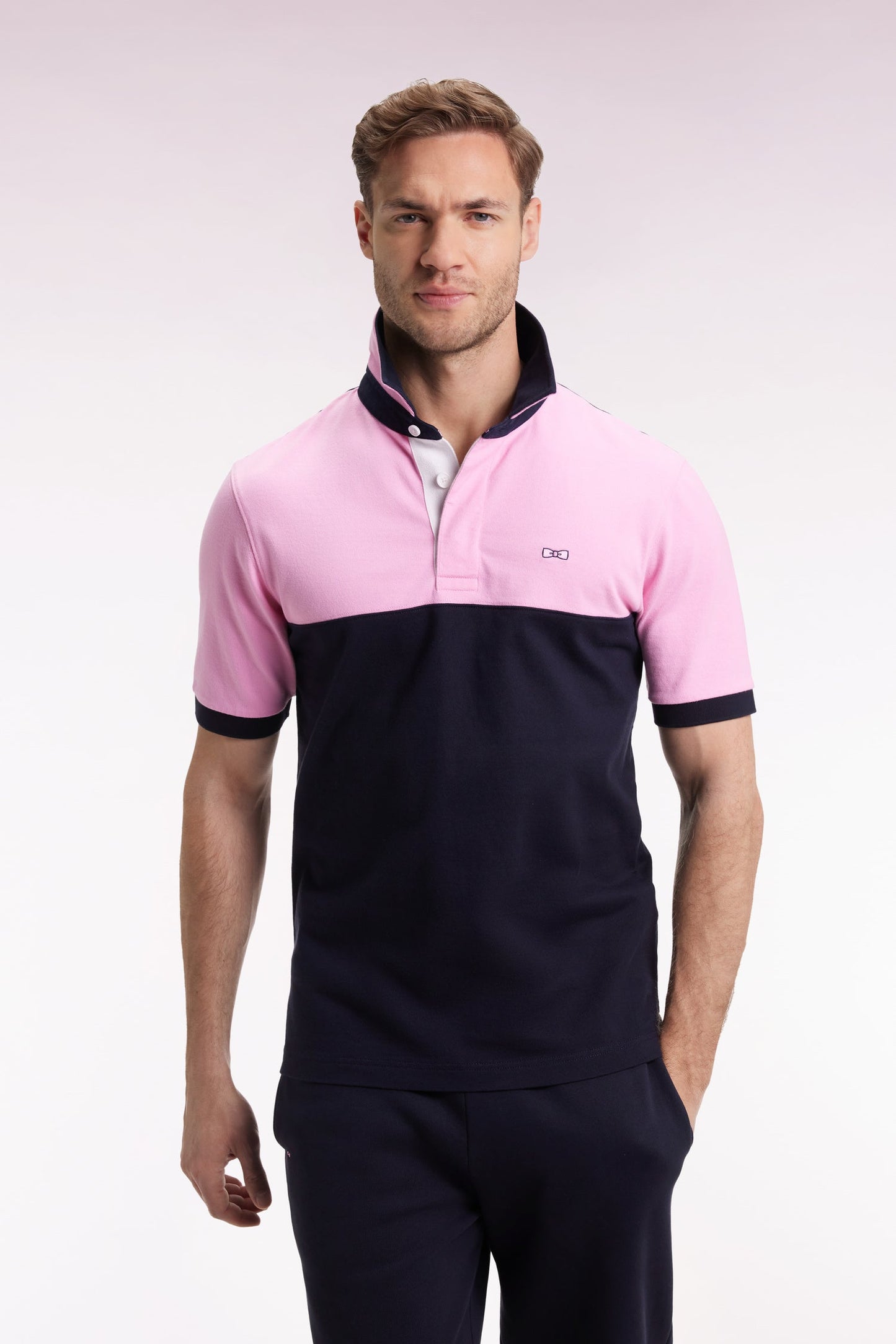 Maillot à manches courtes en coton bicolore marine et rose