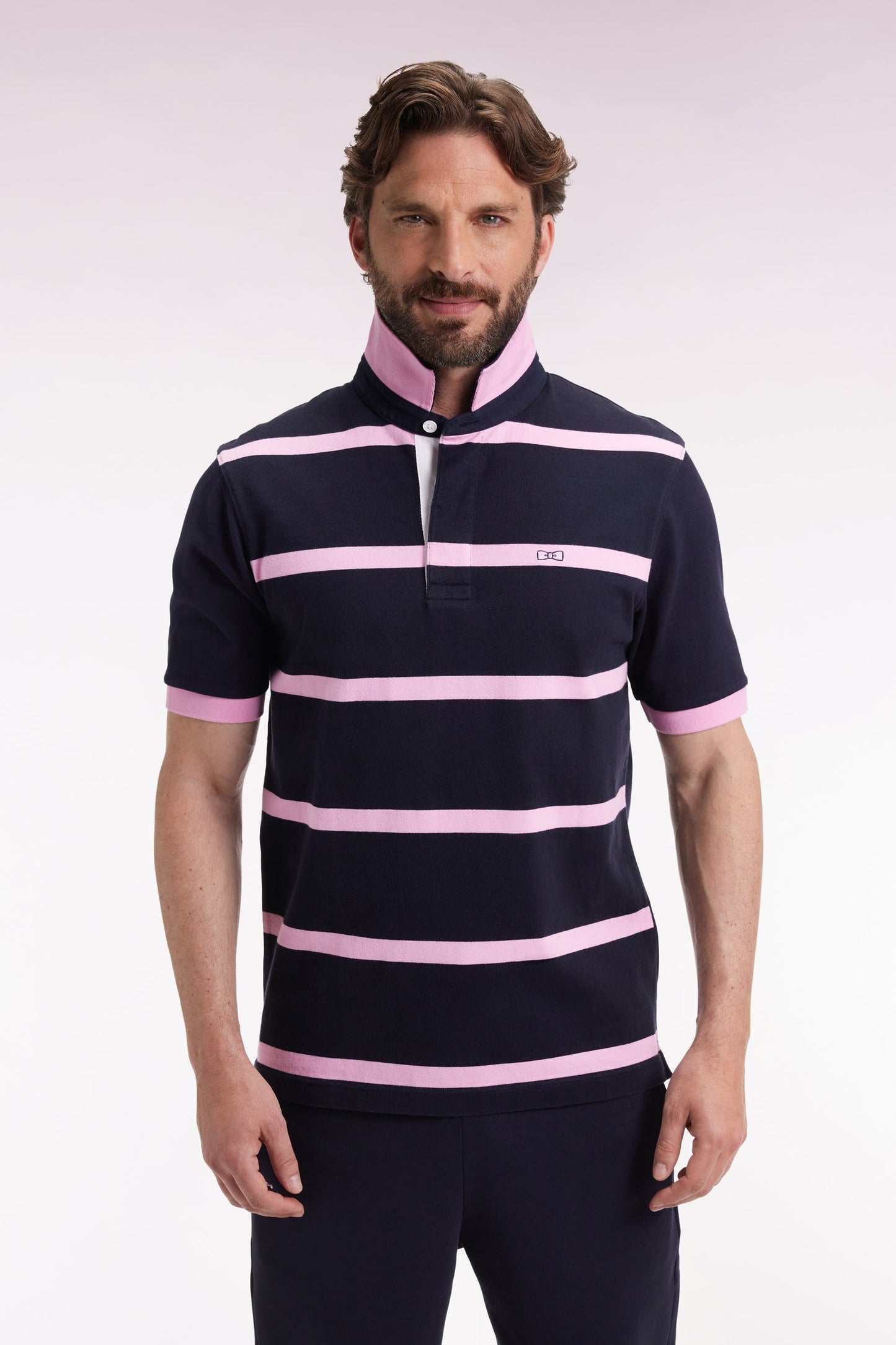 Maillot à manches courtes en coton marine à rayures roses