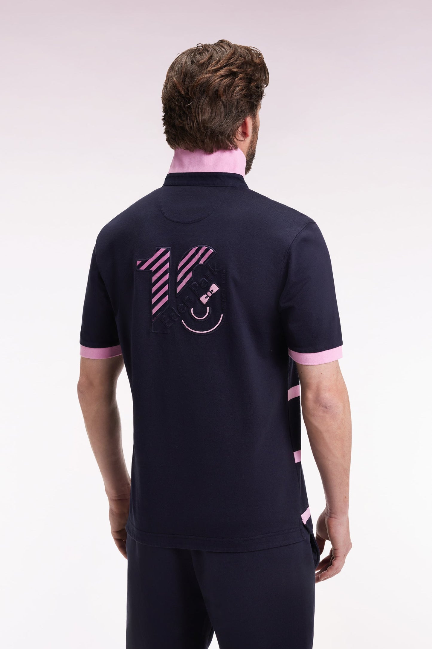Maillot à manches courtes en coton marine à rayures roses