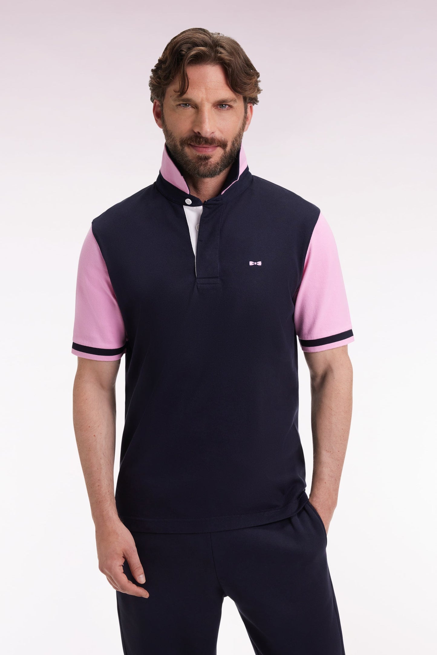 Maillot à manches courtes en coton marine manches roses
