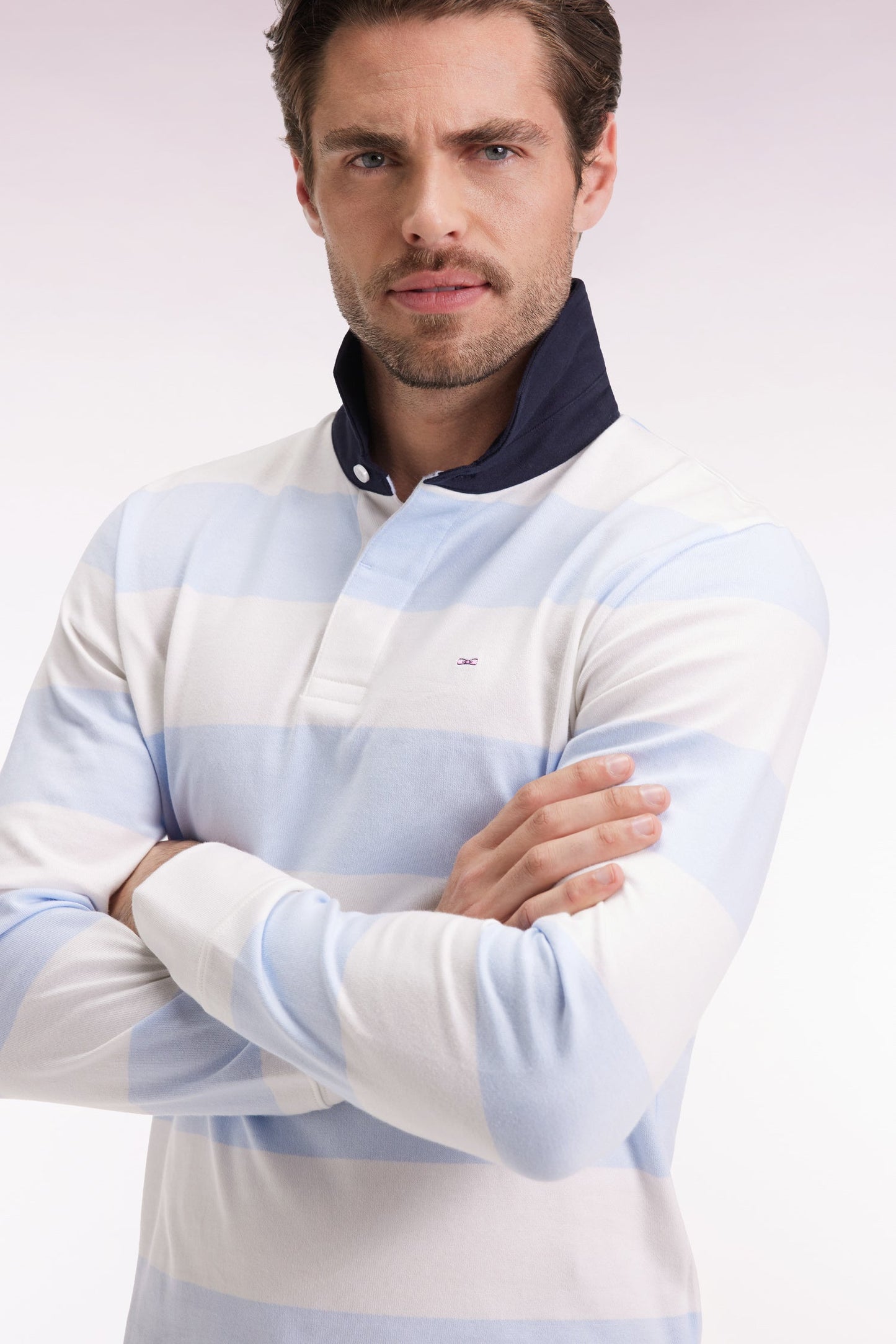 Maillot manches longues en jersey à rayures rugby ciel et écru