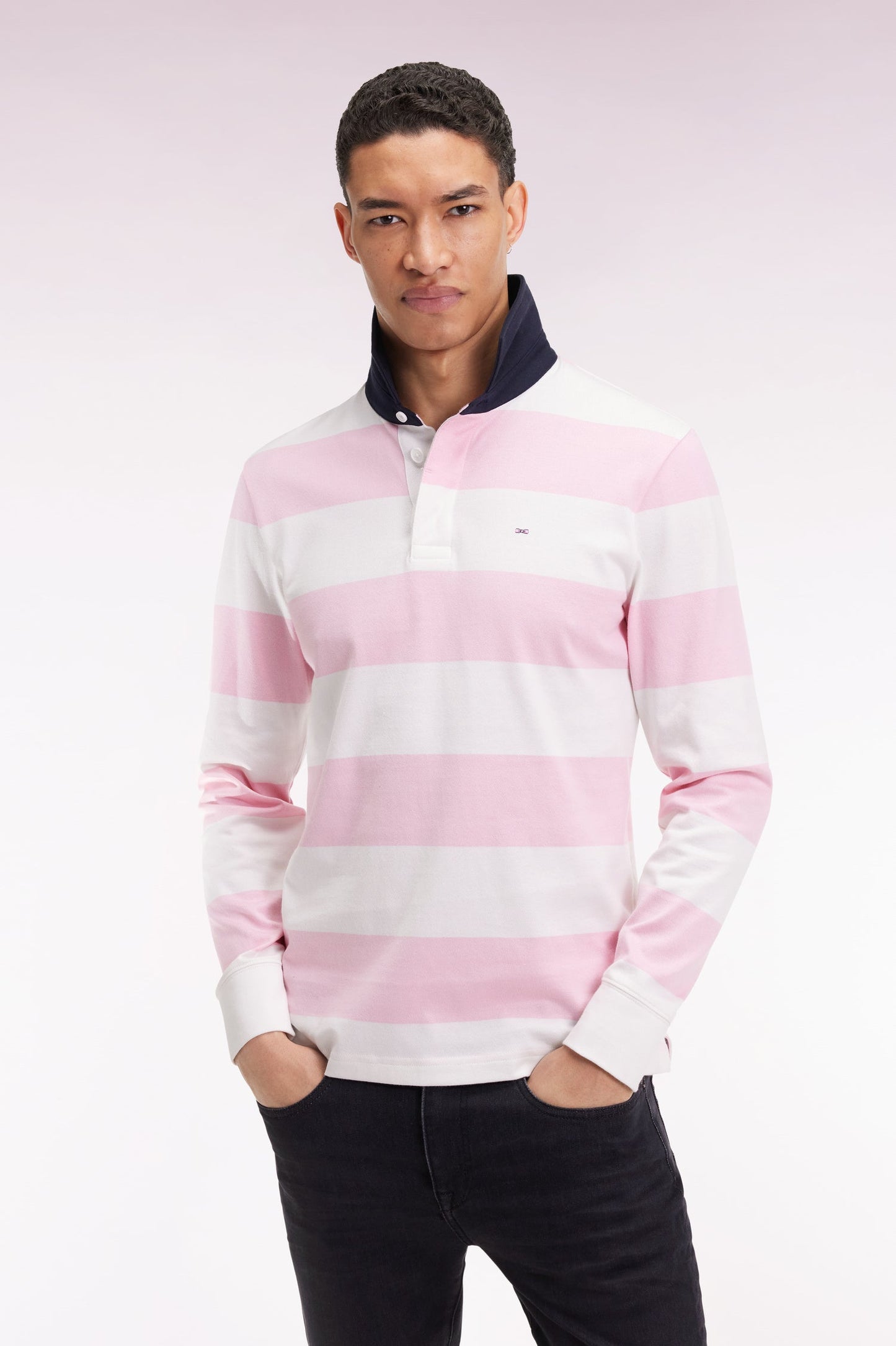 Maillot manches longues en jersey à rayures rugby rose et marine