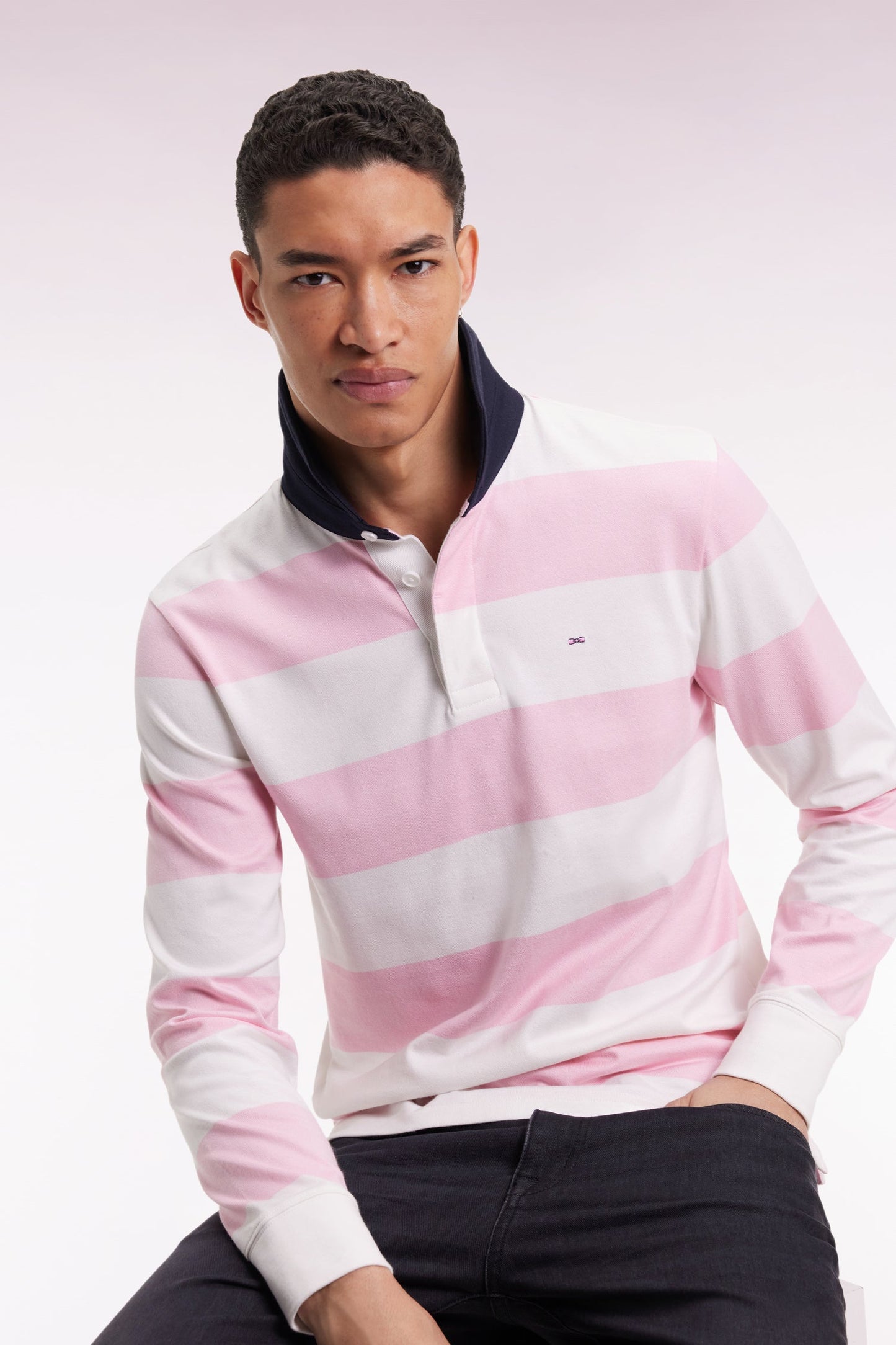 Maillot manches longues en jersey à rayures rugby rose et marine