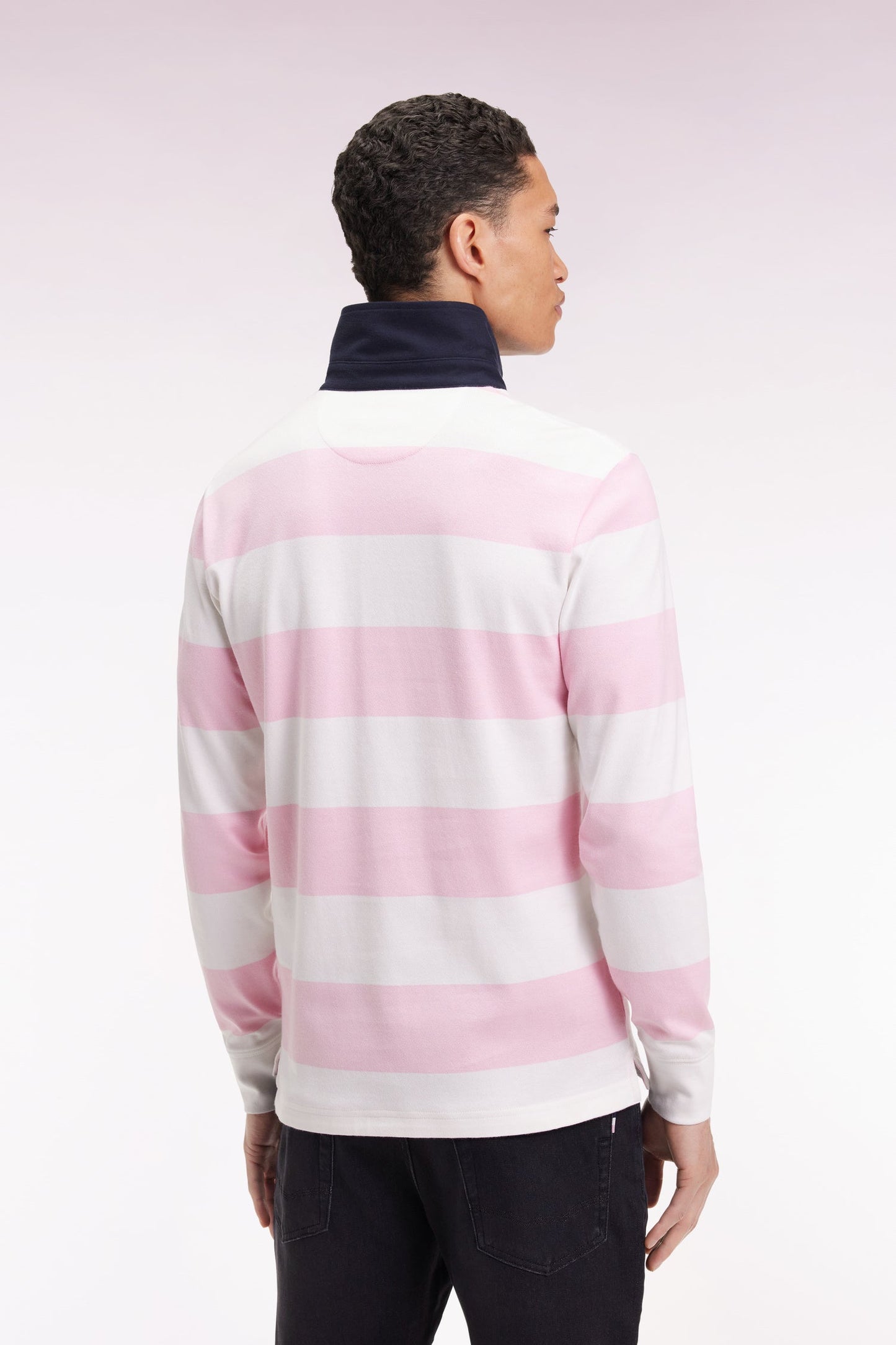Maillot manches longues en jersey à rayures rugby rose et marine