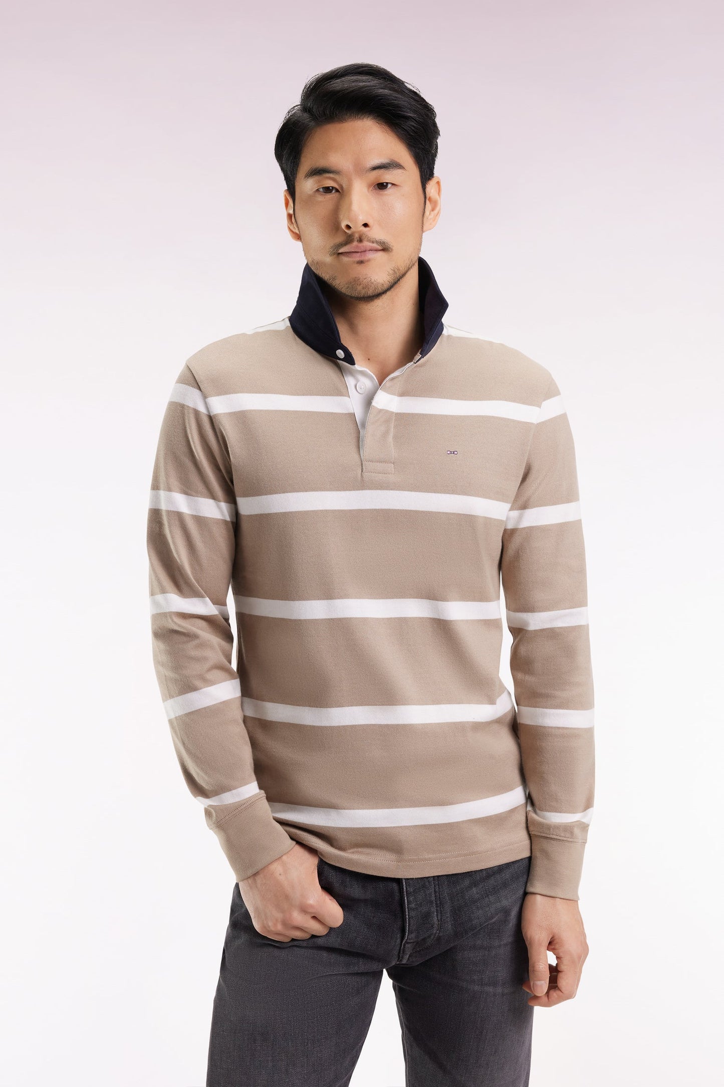 Maillot manches longues en jersey de coton beige à rayures blanches