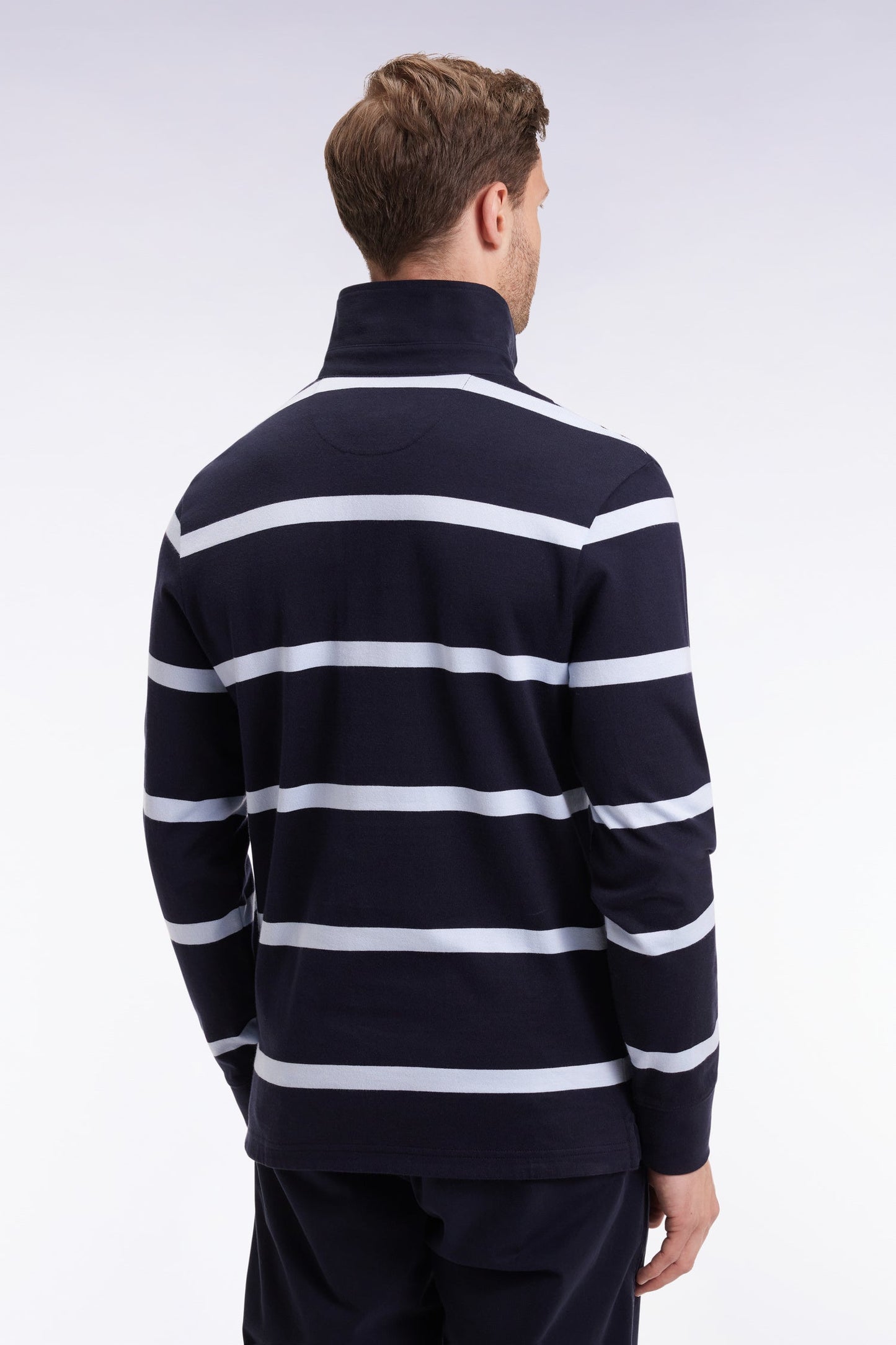 Maillot manches longues en jersey de coton marine à rayures ciel