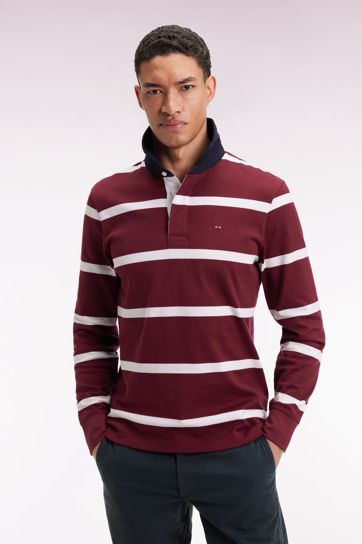 Maillot manches longues en jersey de coton bordeaux à rayures blanches