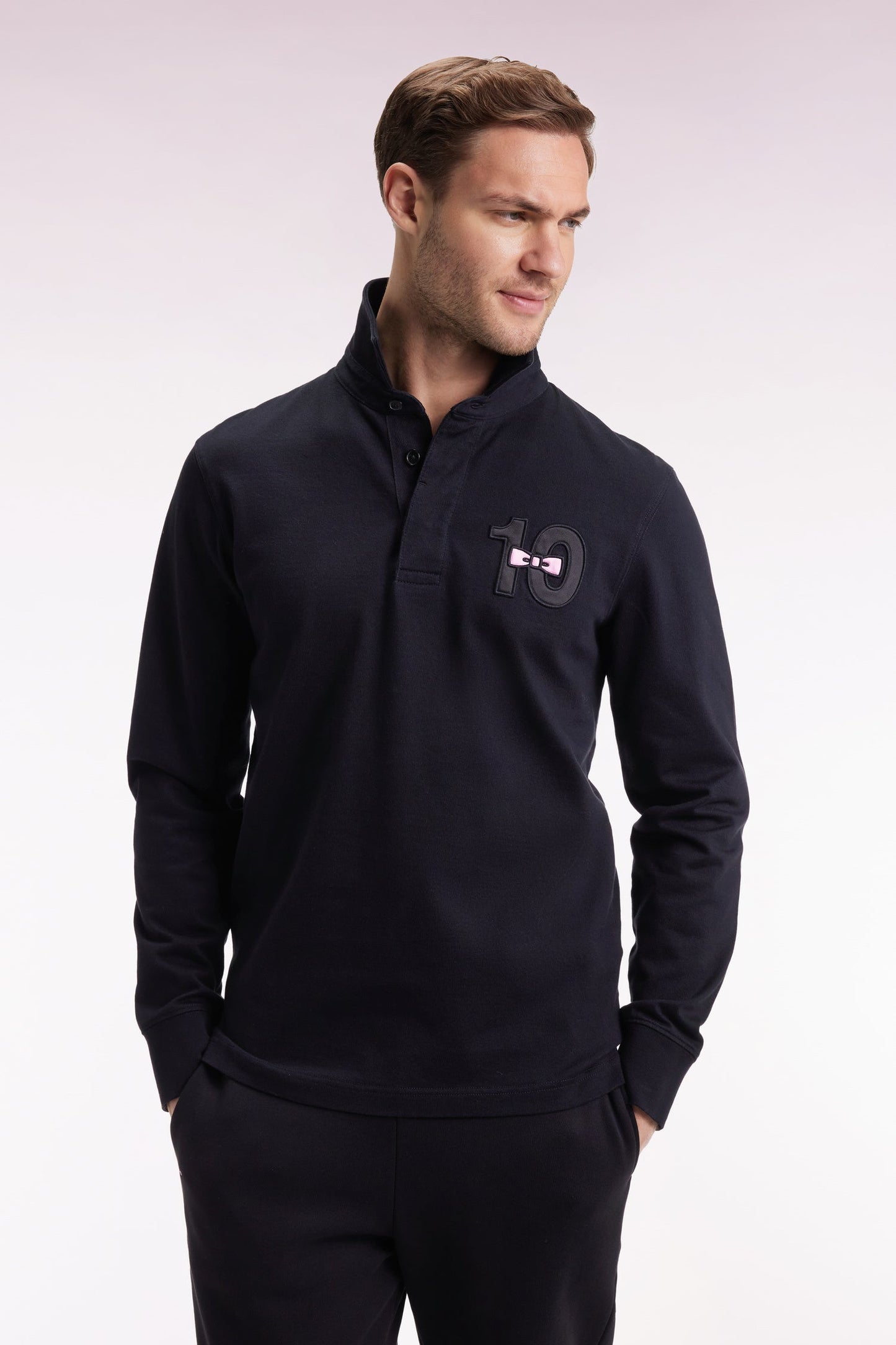 Maillot à manches longues en jersey de coton épais noir brodé coupe droite