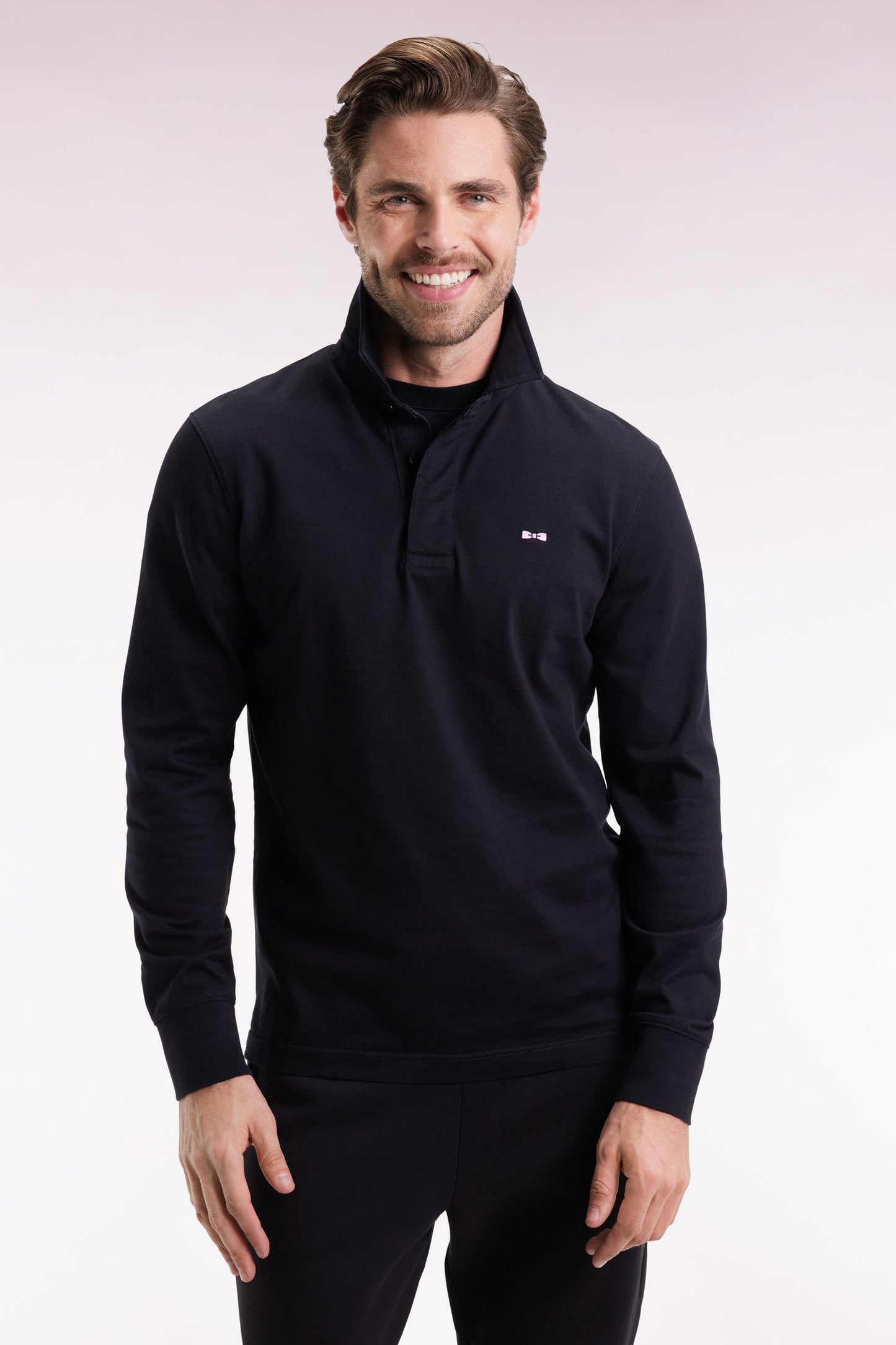 Maillot à manches longues en jersey de coton épais noir broderie nœud papillon coupe droite